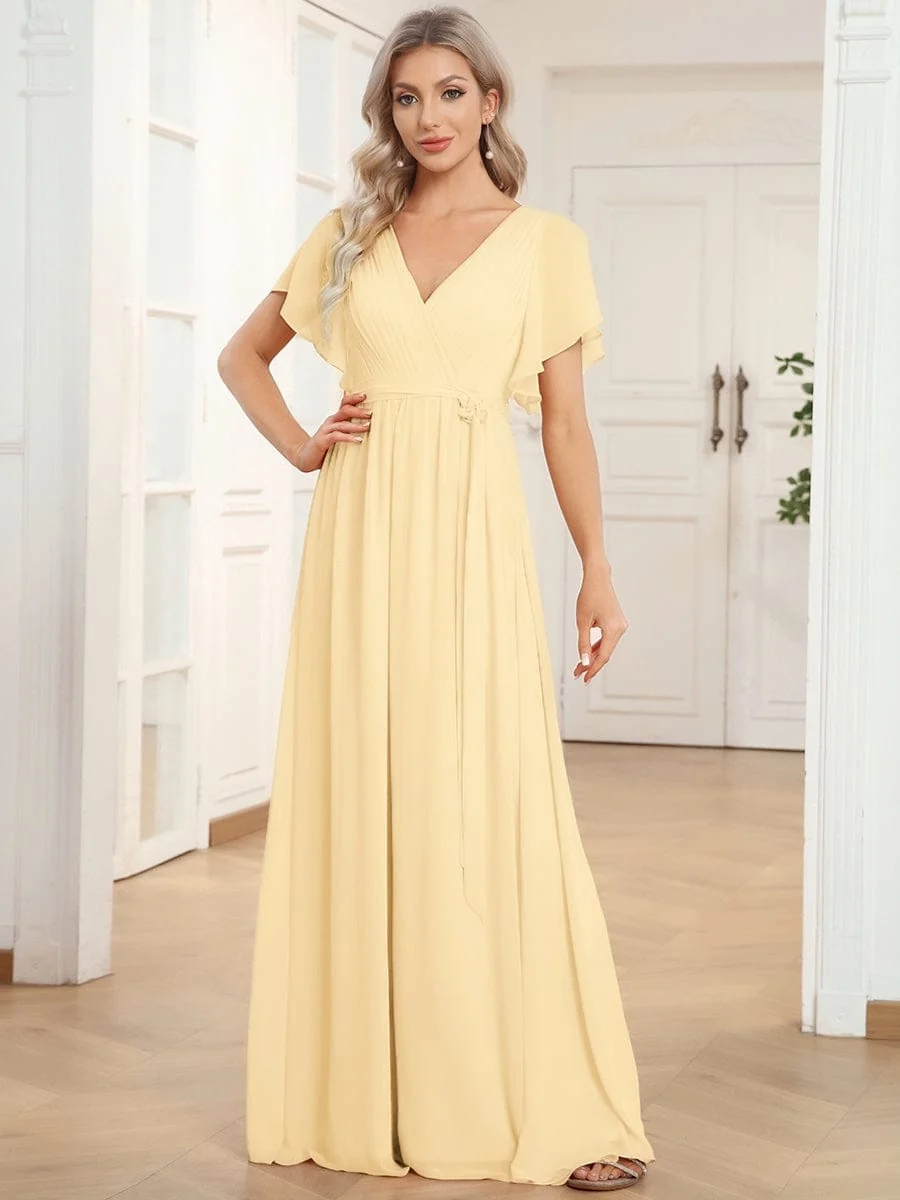 Abendkleid Damen Maxi A-Linie aus Chiffon | Festliches Kleid f��r Hochzeitsg?ste mit V-Ausschnitt und Fl��gel?rmeln