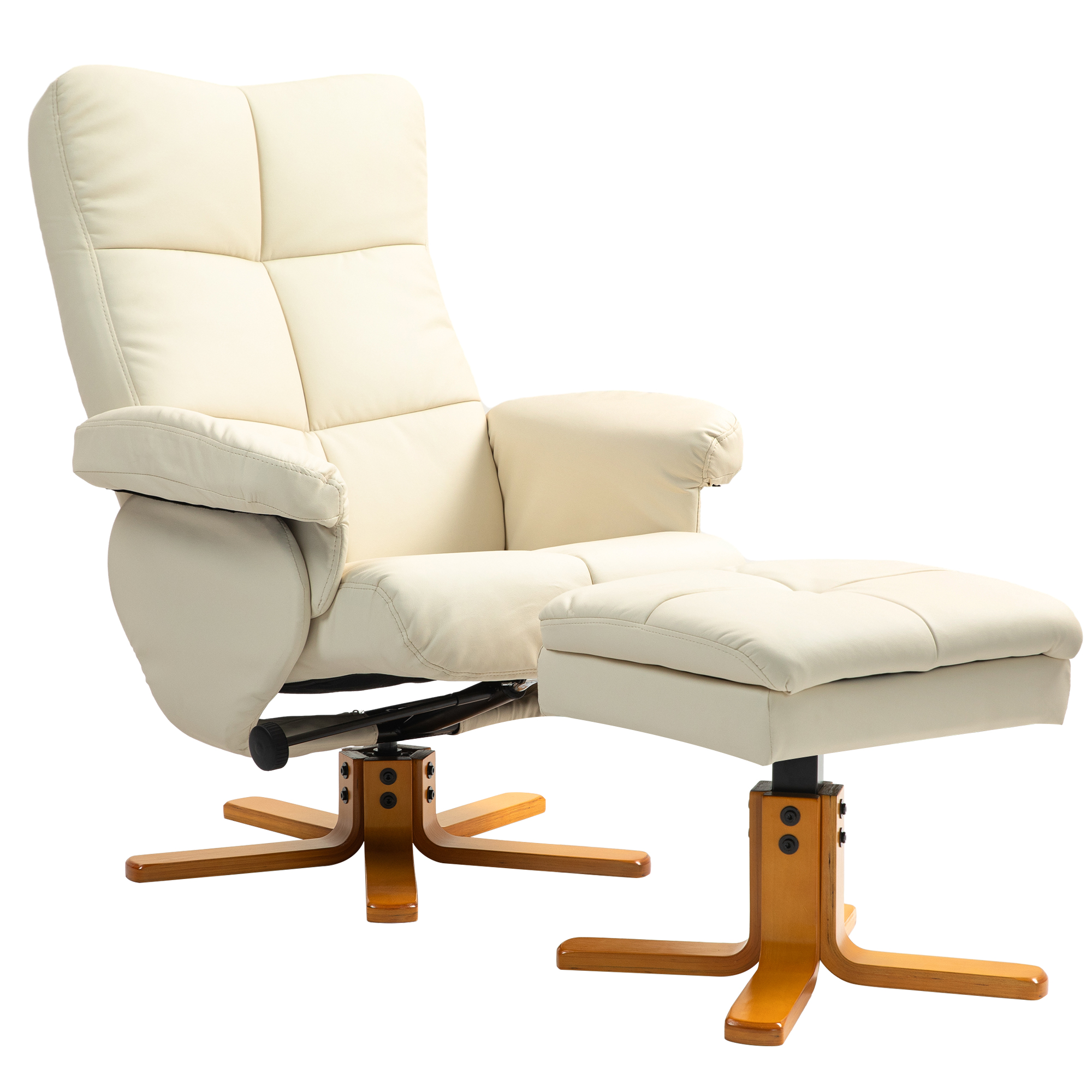 Relaxfauteuil met Hocker, 145�� Kantelbare Rugleuning, 360�� Draaibaar, Kunstleer, Cr��mewit