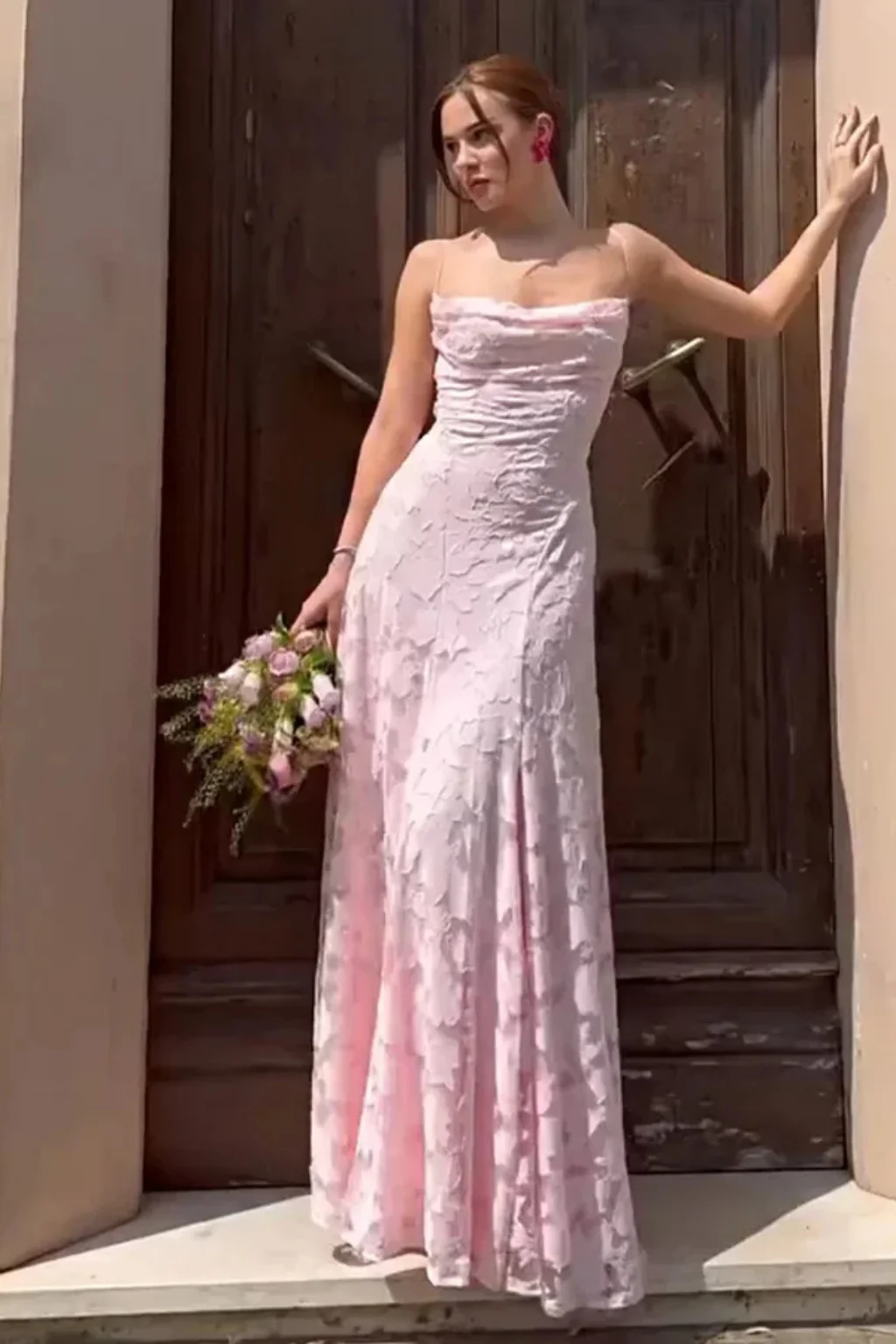 Damen Maxikleid mit Spaghetti-Tr?gern und Blumen-Jacquard | R��ckenfreies Abendkleid mit Schn��rung f��r festliche Anl?sse