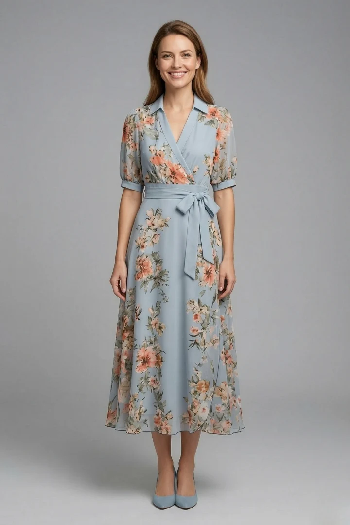Damen Wickelkleid mit V-Ausschnitt und Bindeg��rtel | Florales Maxikleid mit kurzen ?rmeln | Luftiges Sommerkleid