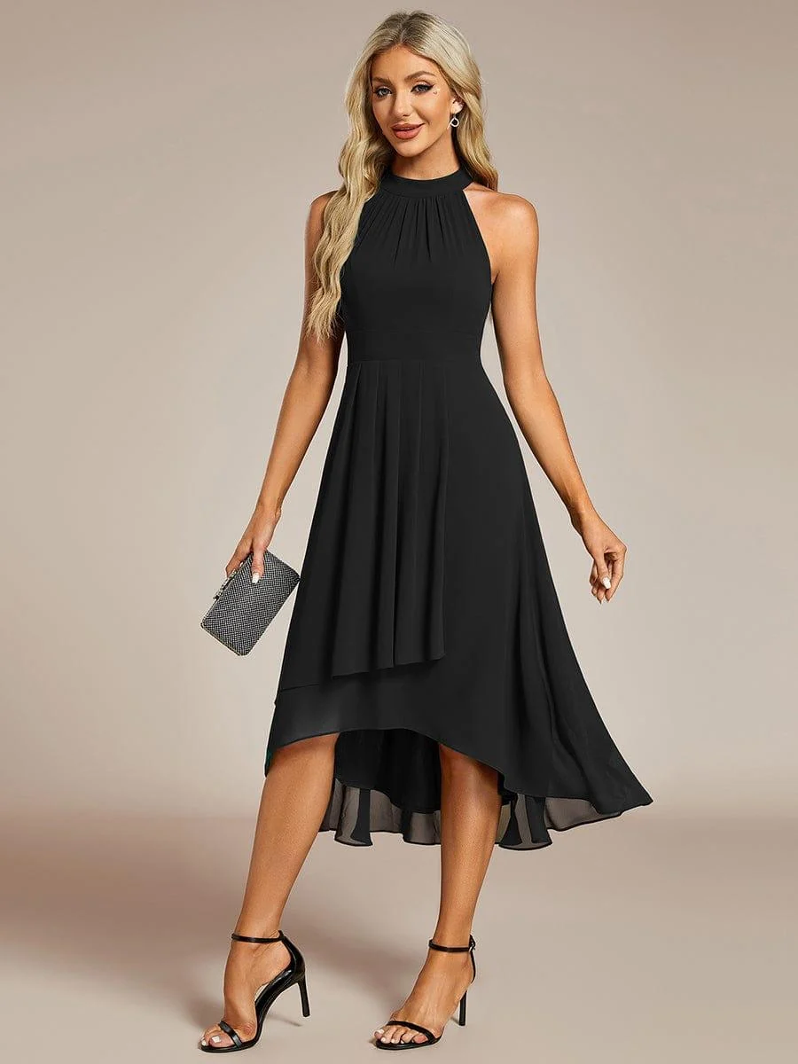 Damen Chiffon Midi-Kleid in A-Linie | Festliches Halterneck Kleid mit Plissee-Details | Sommerliches Kleid f��r Hochzeitsg?ste