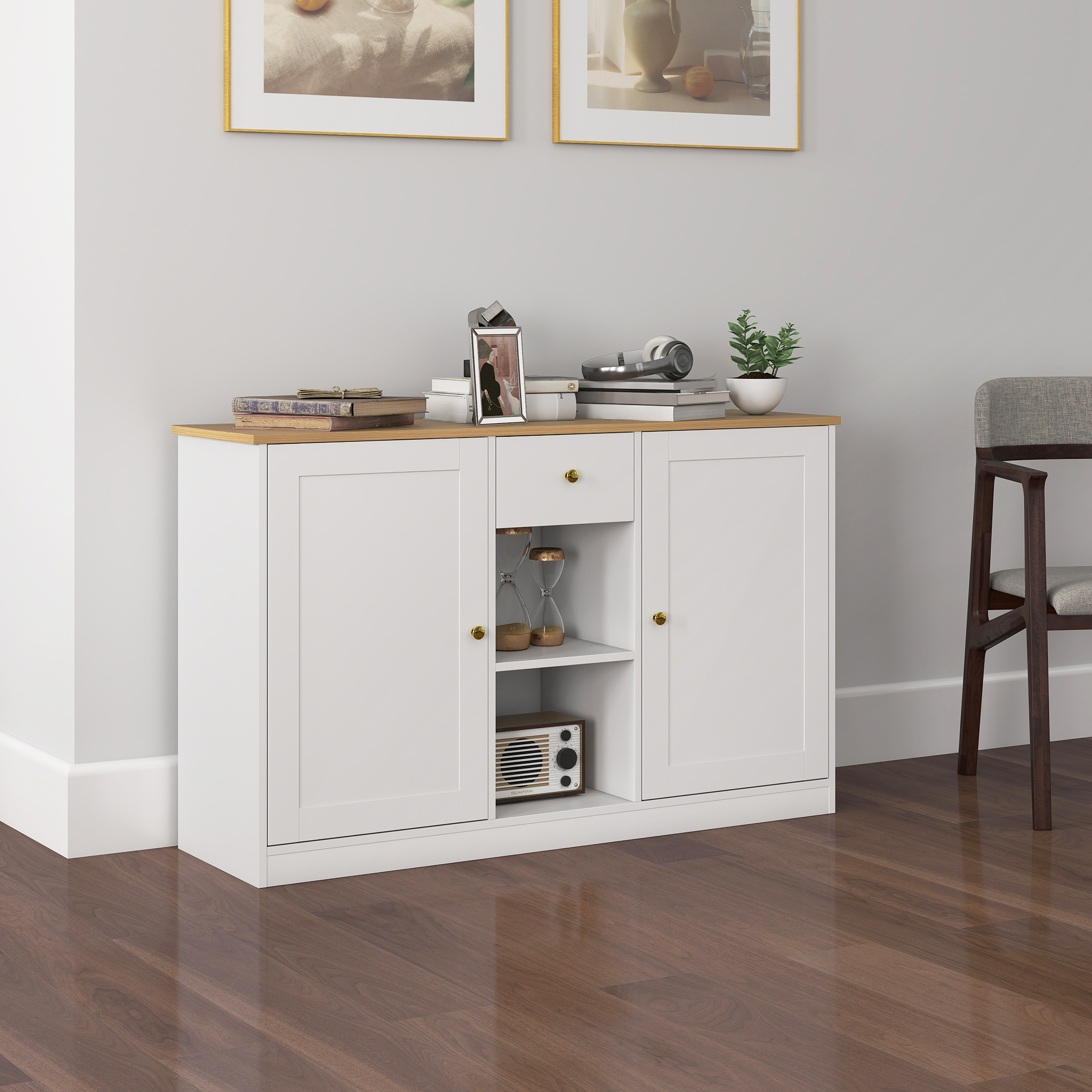 Keukenkommode, Sideboard met Lade, Kasten, Schappen, Spaanplaat, Wit