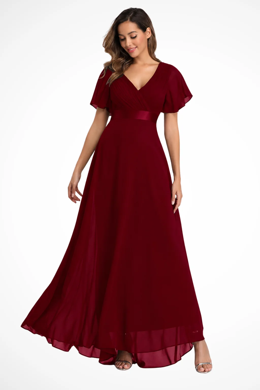 Maxikleid Damen aus Chiffon | Festliches Kleid f��r Hochzeitsg?ste mit V-Ausschnitt und Flatter?rmeln | Flie?endes Abendkleid