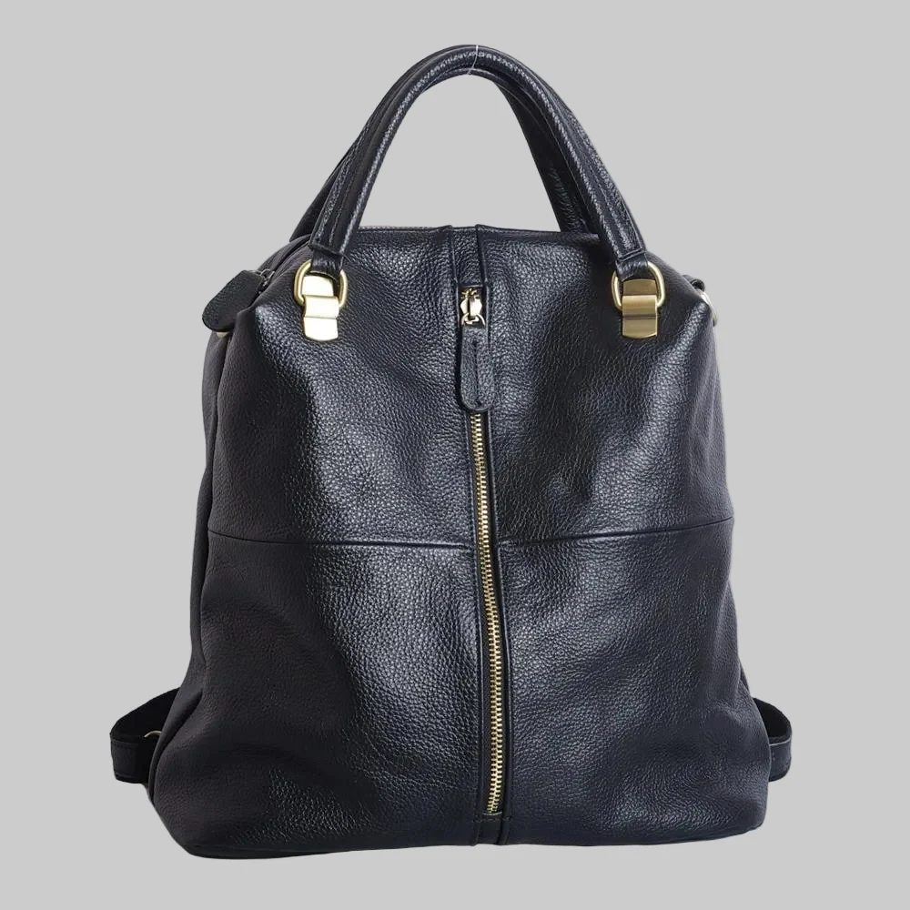 Black Large Soft Handle Convertible Leather Backpack School Bag