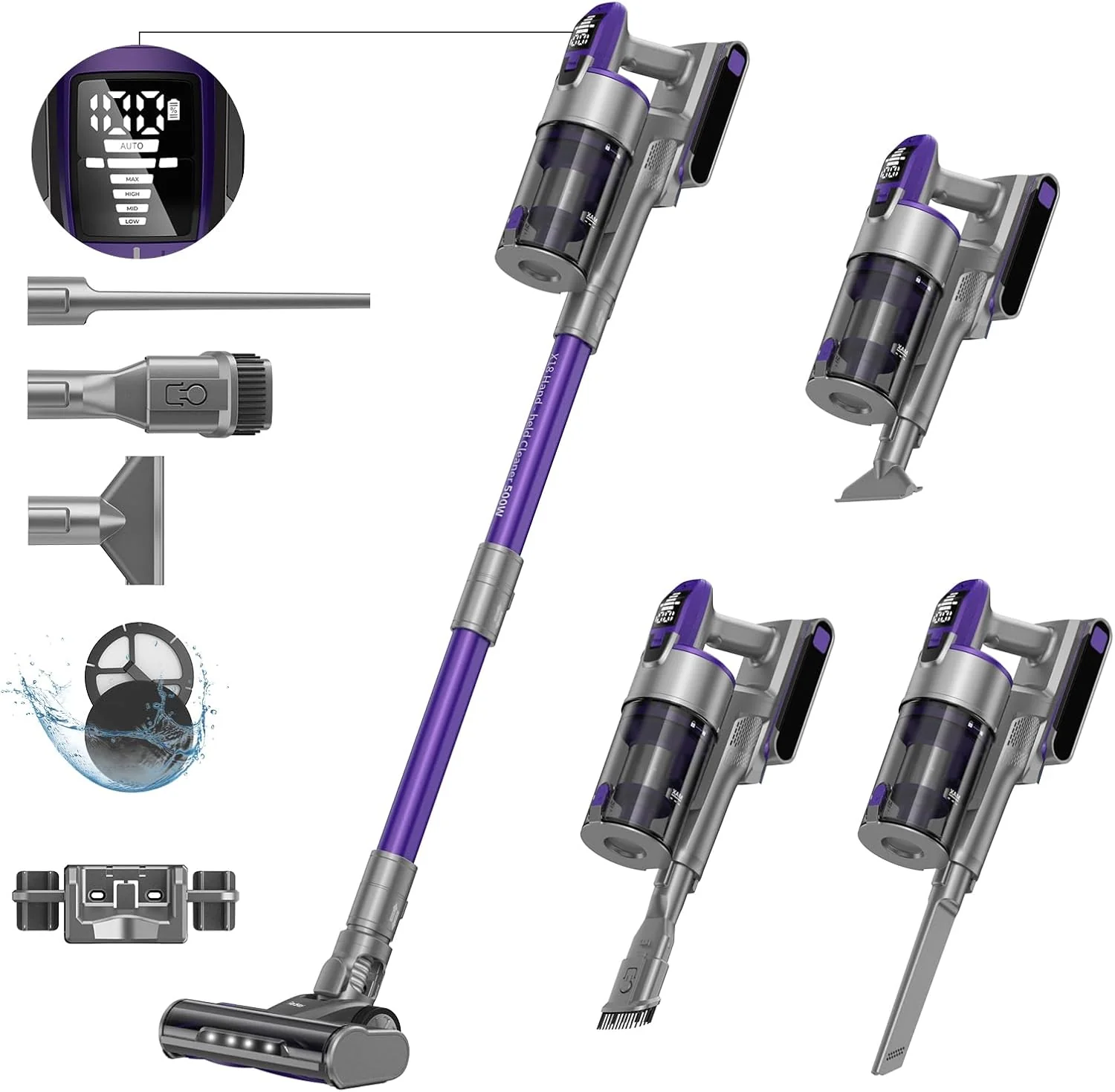 Redkey X18 Accu Stofzuiger, 500W 33000Pa Ultrahoge Zuigkracht, 65 Minuten Ultralange Accuduur, Intelligente Automatische Modus, 8-in-1 Draadloze Stofzuiger met LED-Borstel, 2000mAh Verwisselbare Accu