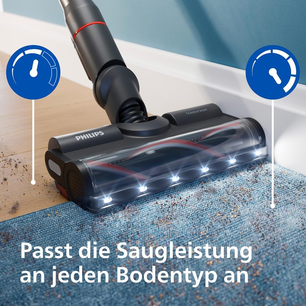 SpeedPro Max Kabelloser Stielstaubsauger 7000 Serie, Für Tierhaare, 360° Kraftvolle Saugkraft, Max. 80 Min., Verwicklungsfrei, Für Teppiche und Hartböden, 4 LED-Aufsätze (XC7065/01)