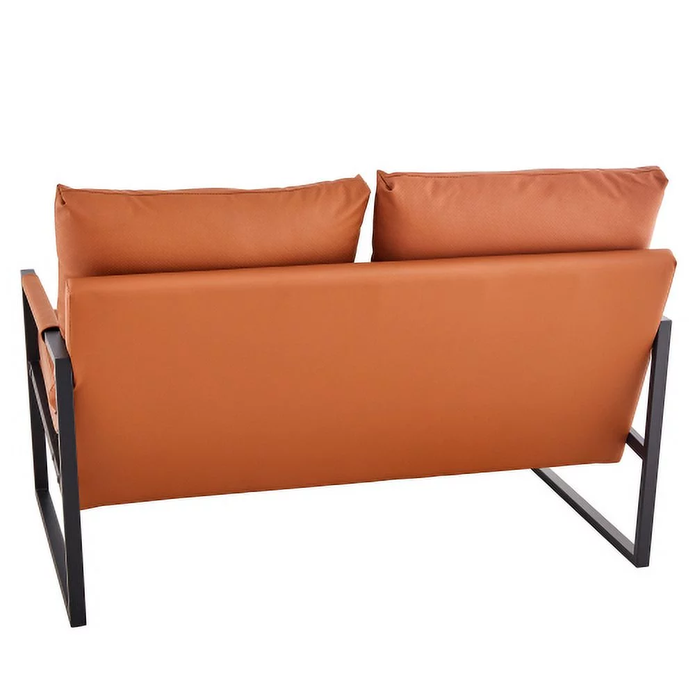 Moderne 2-zitsbank met 2 kussens �C PU-leer, Hoge Dichtheid Schuim, Zwarte Gecoate Metalen Frame, Bruin