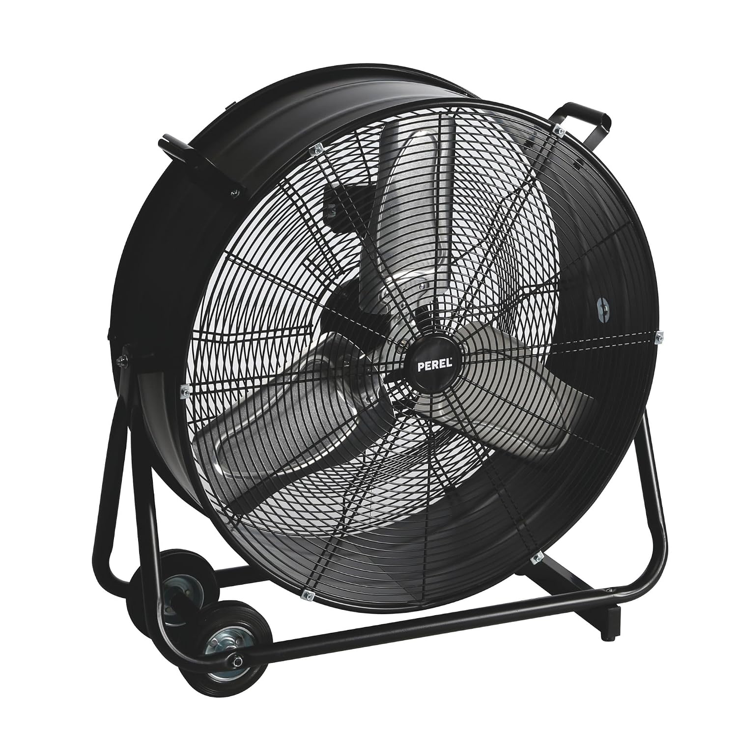 Perel Bodenventilator Ø 60 cm, Trommelventilator, Ventilator groß stark, Windmaschine, Industrieventilator, Trommelgebläse, 2 Geschwindigkeiten, Metall, schwarz, 22.5 kg