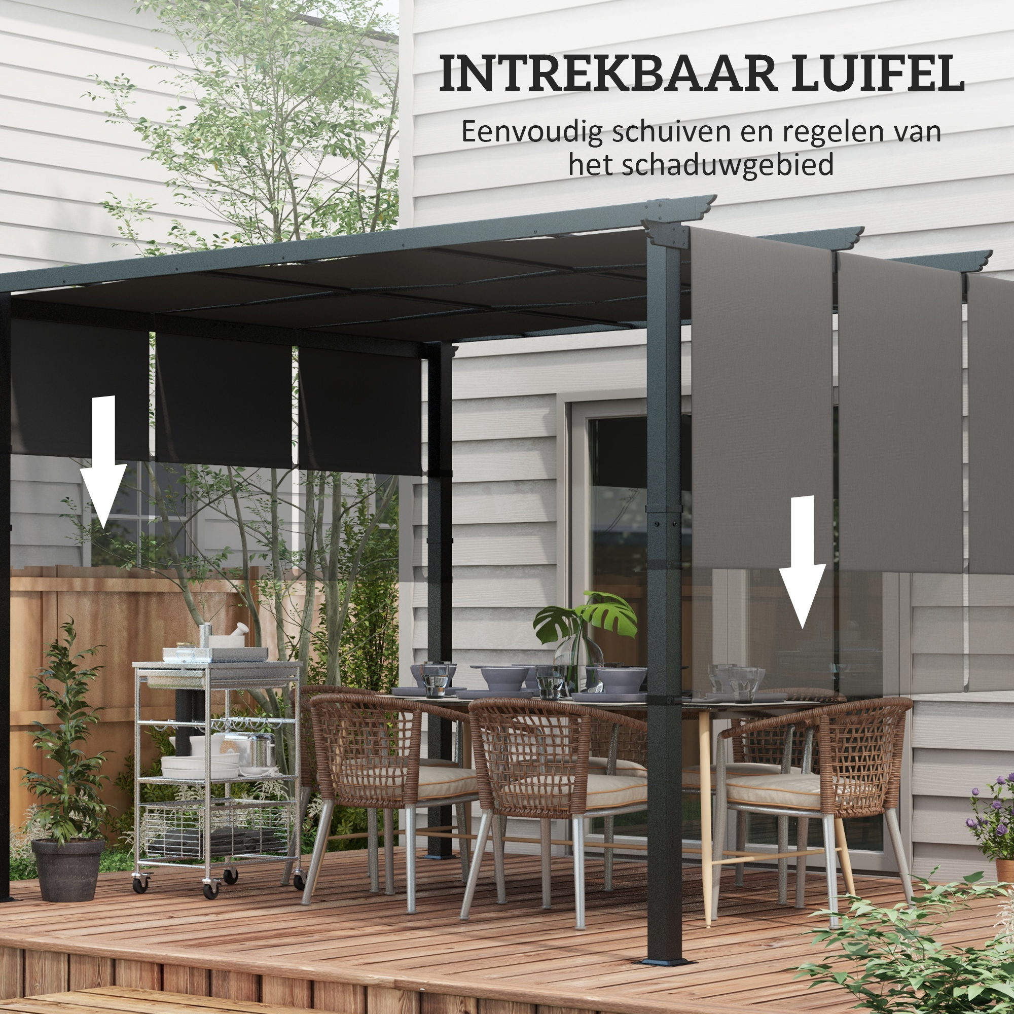 Zonnescherm Markies. Pergola, weerbestendig, inclusief bevestigingsmateriaal, 3 x 3,5 m, Donkergrijs