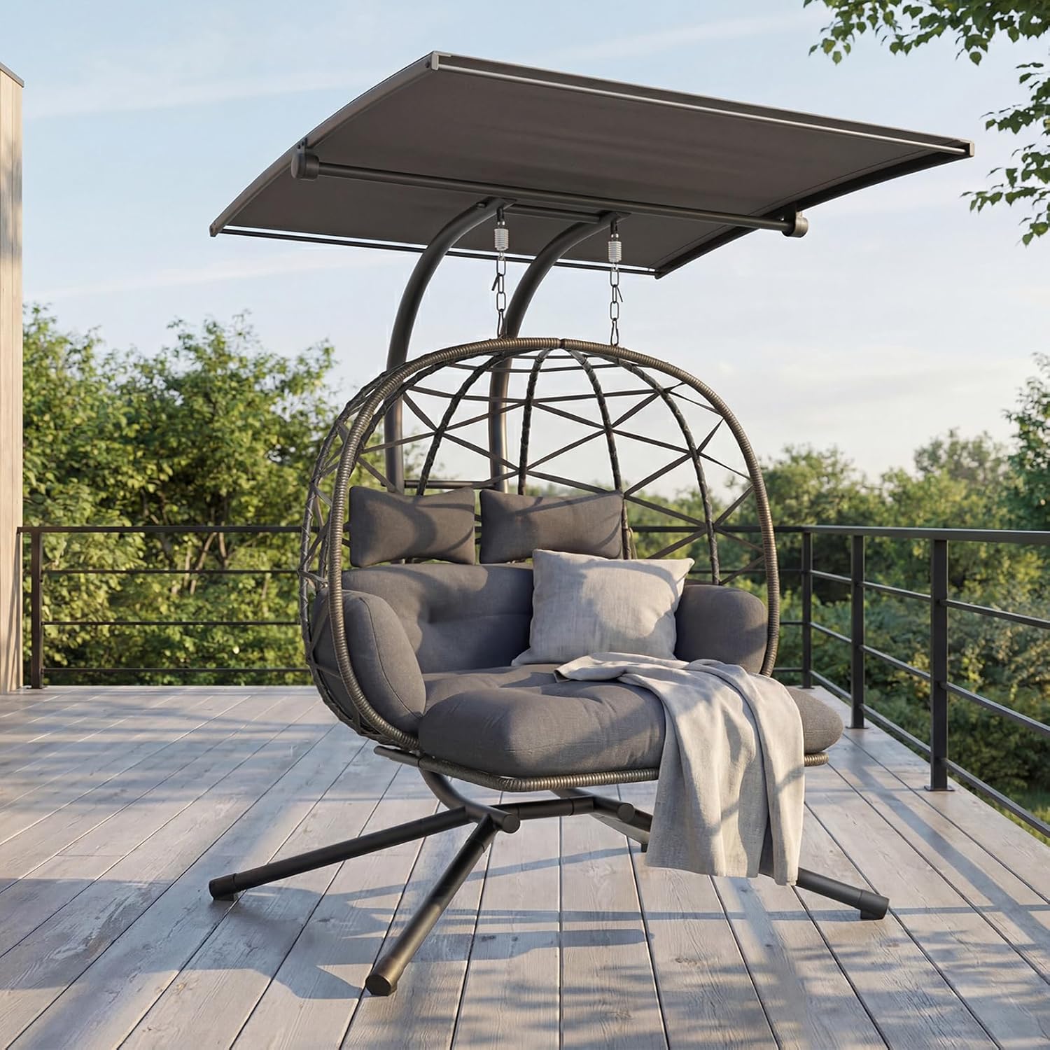 UDPATIO Hängesessel Outdoor mit Gestell, Hängeschaukel mit Sonnendach & Fußablage, Hängestuhl bis 280KG für 2 Personen, Verstellbare Kuppel & Dicke Kissen, Schaukel Sessel Garten, Balkon, Grau