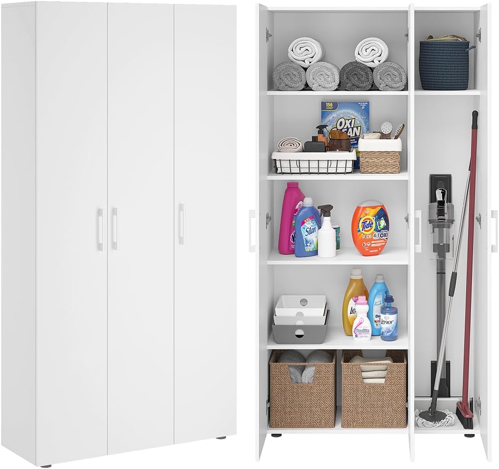 Bellamio Apol Mehrzweckschrank Weiß – Besenschrank 90 cm breit mit Stauraum – Putzschrank mit Staubsaugerfach – Vorratsschrank Küche - Aktenschrank aus Holz - Flurschrank – Aufbewahrungsschrank