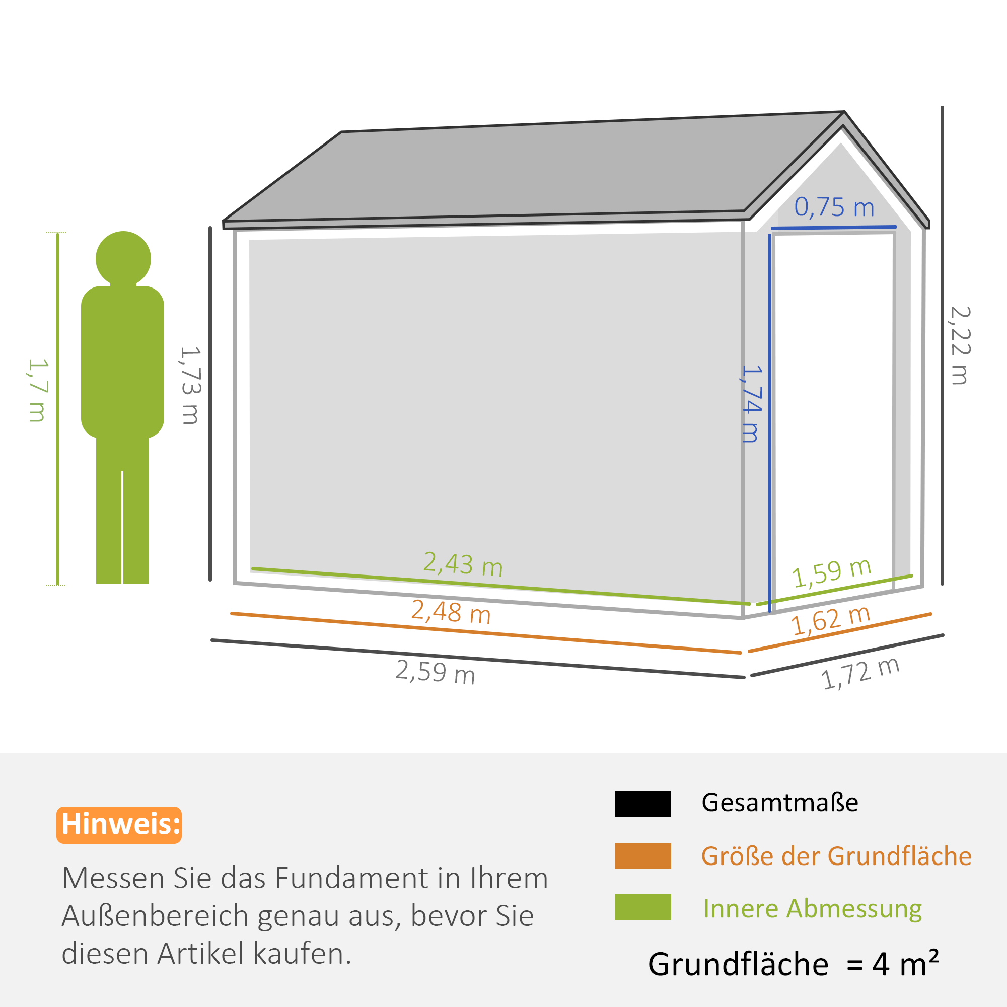 Outsunny Tuinhuis, metalen opbergschuur, dubbele deur, raam, 259x172x222 cm, grijs/wit