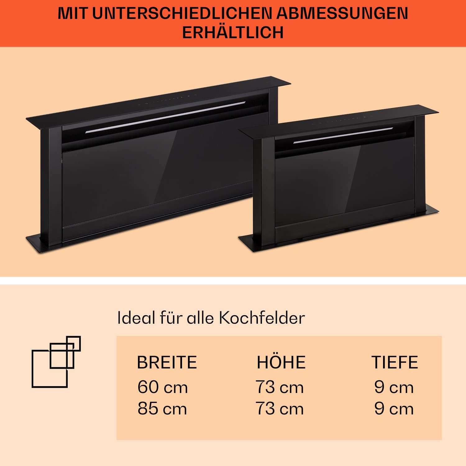 Klarstein Downdraft-Dunstabzugshaube, Versenkbare Abzugshaube, Leise Dunstabzugshauben mit Filter, Dunstabzugshaube 60cm, Umluft/Abluft Dunsthaube mit 10 Stufen, Dunstabzug 576 m³/h Luftstrom