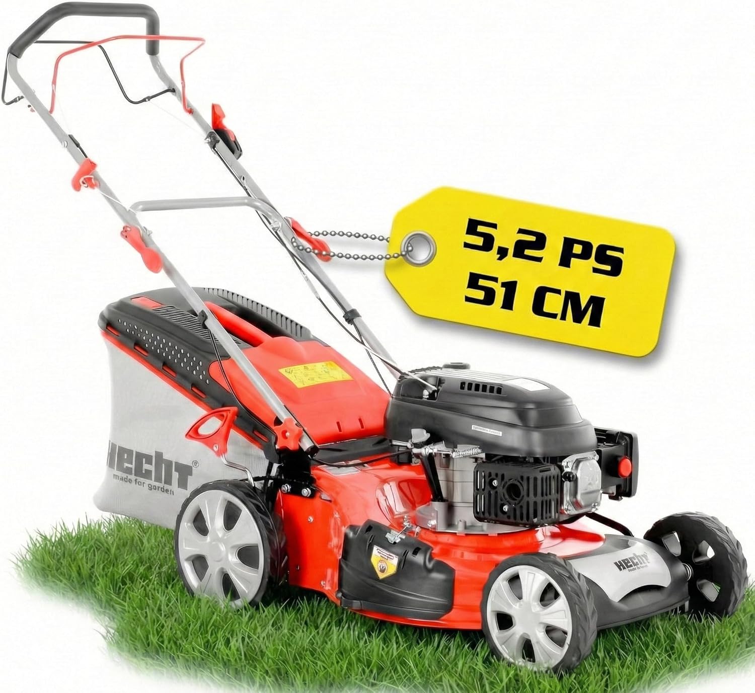 HECHT Rasenmäher Benzin mit Antrieb, 51 cm Schnittbreite, 5-in-1 Mulchfunktion, Seitenauswurf, 70L Fangkorb, 5,2 PS Benziner für Garten bis 1500 m2