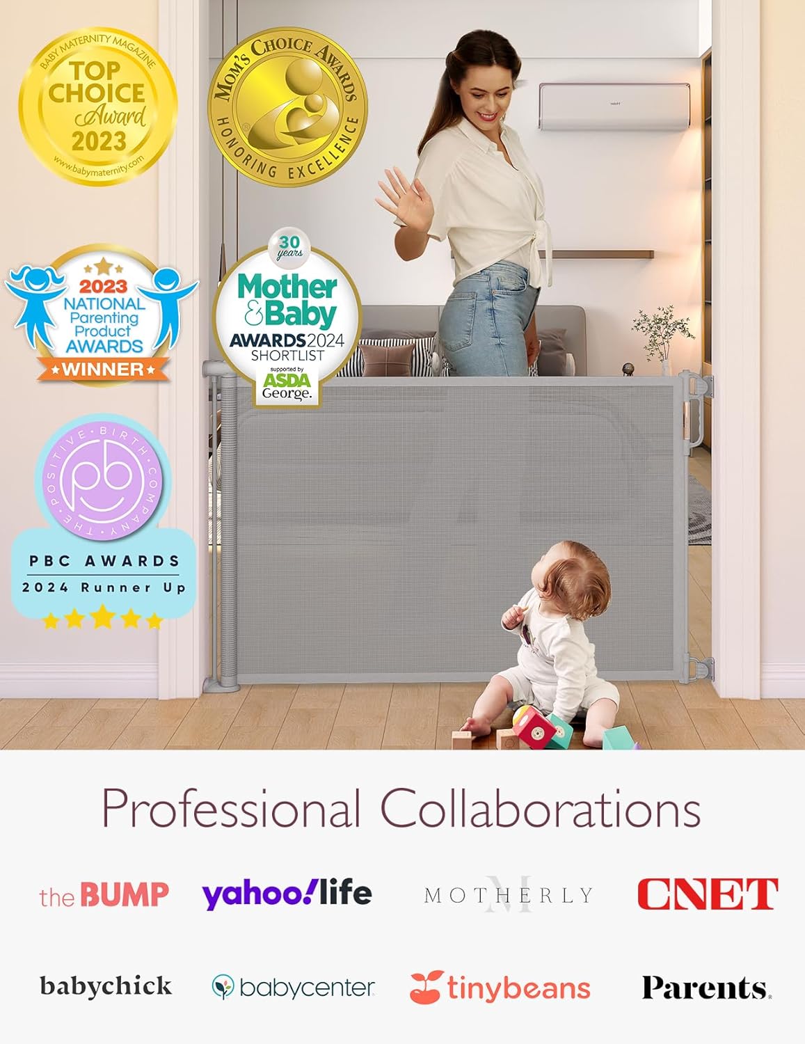 Momcozy Treppenschutzgitter Ausziehbare für Babys (Aktualisiert), 0-140 cm, 83 cm Hoch Baby Absperrgitter Treppenschutzrollo, Einhndig Bedienbar, Geeignet für Treppen/Türen/Innen & Auen, Grau