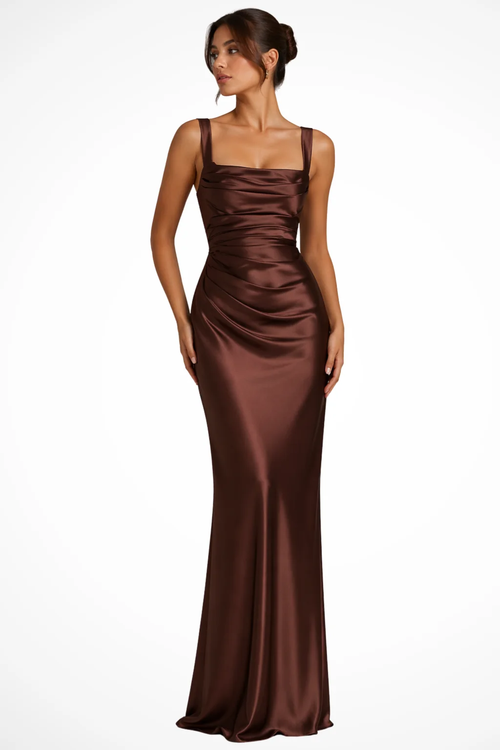 Maxikleid Damen f��r Hochzeitsg?ste mit Carr��-Ausschnitt und Raffung �C Elegantes Abendkleid inklusive Handschuhen und Choker