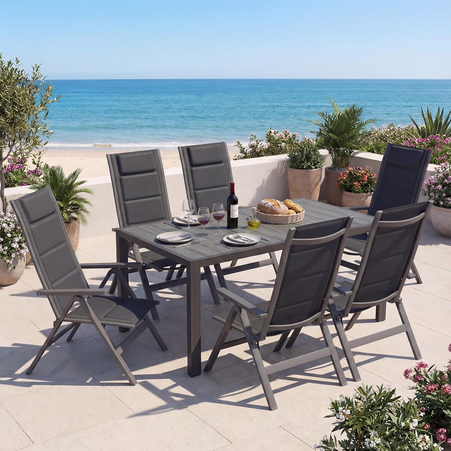 Devoko Gartenmöbel Set 6 stühle mit Tisch, Bestehend aus 1 Aluminiumtisch und 6 Klappstühlen für balkonmöbel. 1 x 150 cm Gartentisch mit Holzmaserung, Terrassenmöbel-Set, Dunkelgrau.