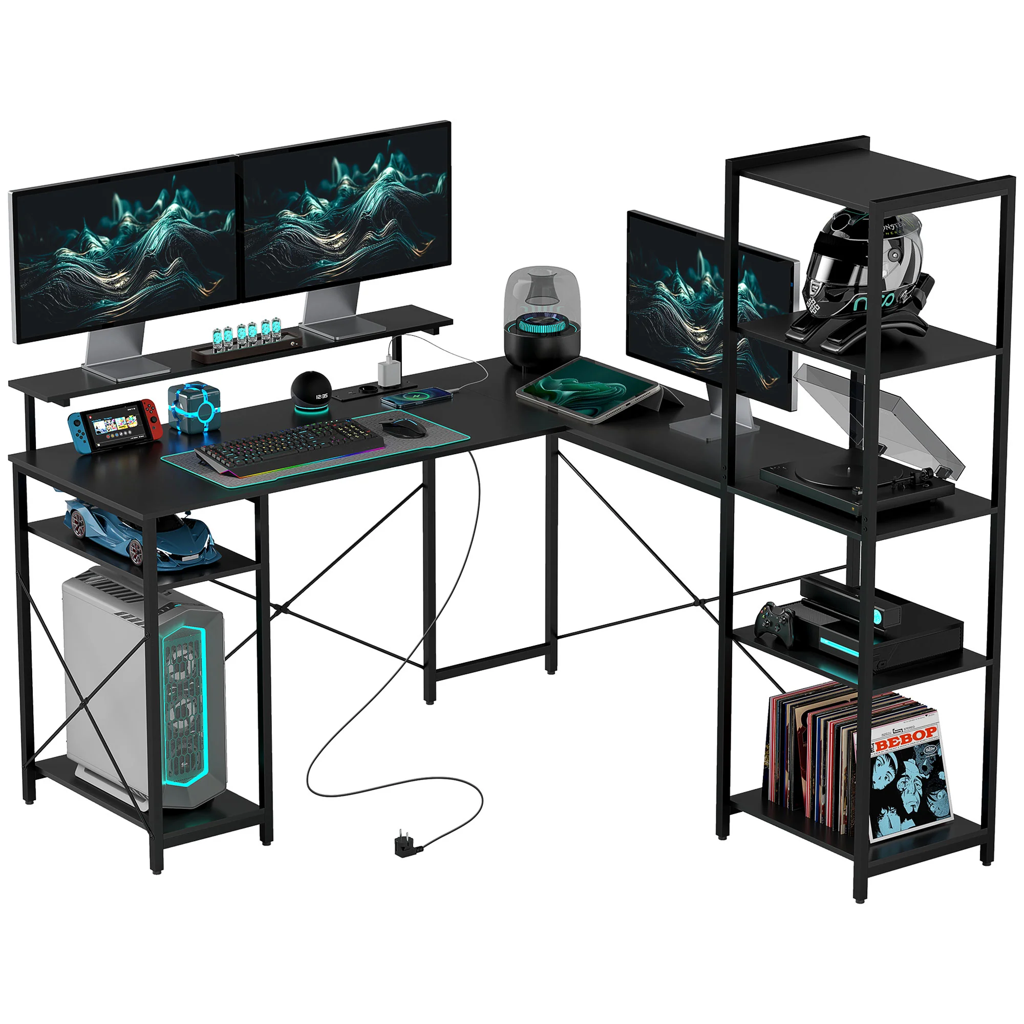 HOMCOM L-vormig Bureau met Oplaadstation, Hoek Computertafel met Monitorstandaard en Planken, voor Thuiswerkplek, Kantoor, Zwart