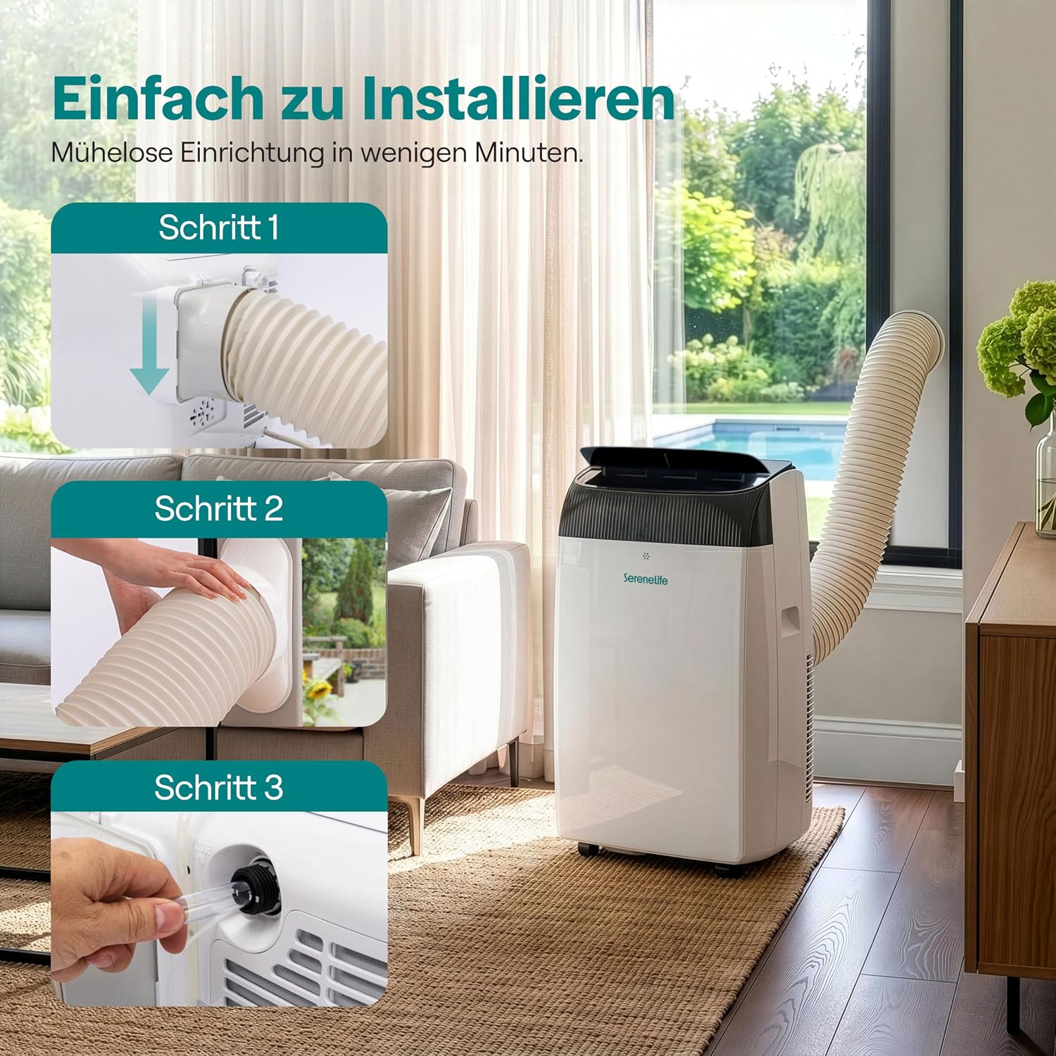 SereneLife Mobile Klimaanlage 12000 BTU, WLAN, 3 in 1 Kühlen Entfeuchten und Ventilieren, Klimagerät mit Abluftschlauch Fensterkit, 3.52kW- Für Räume bis 40 m², Leiser Betrieb, Rollen und Timer