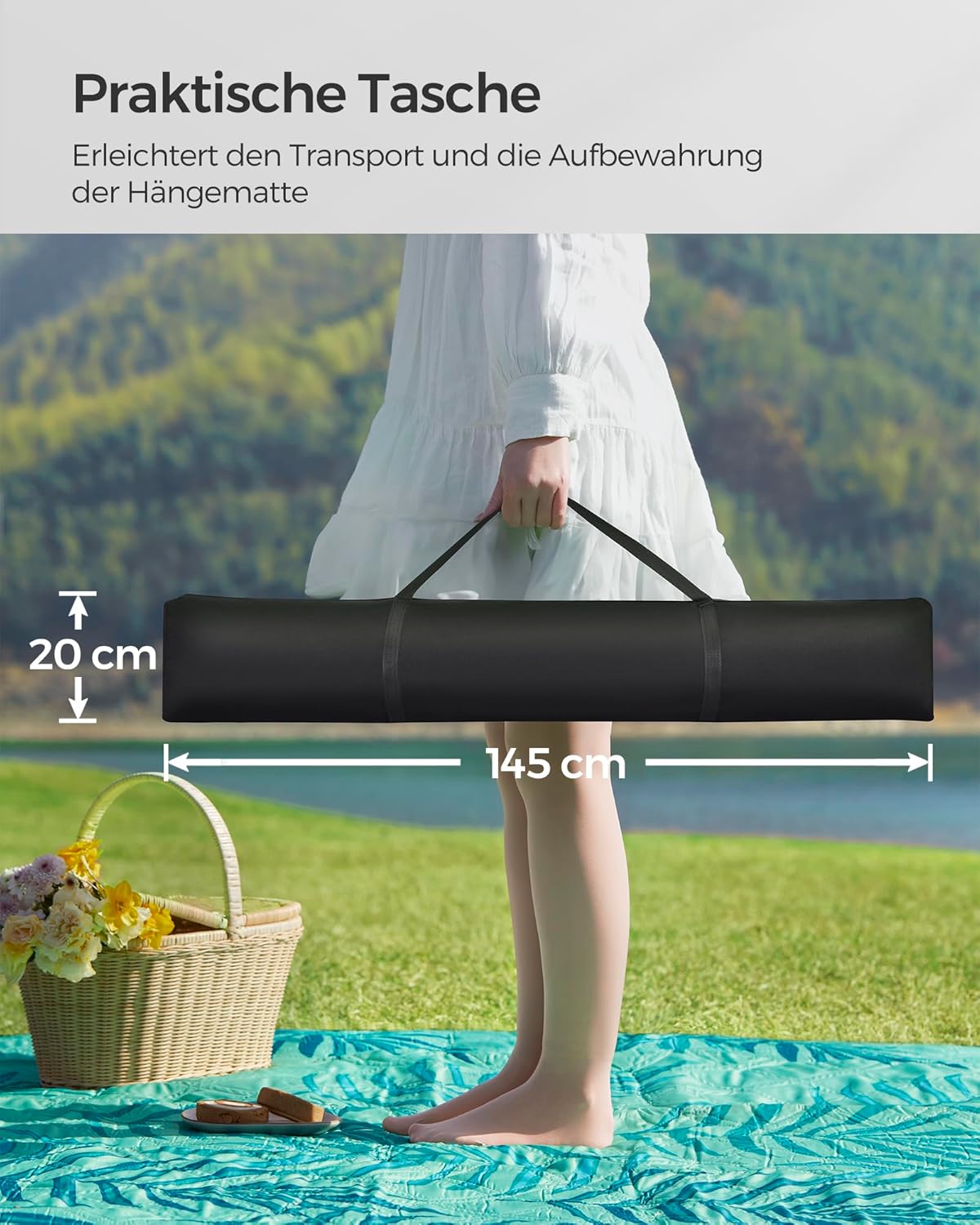 SONGMICS Hängematte mit Gestell, Hängemattengestell aus Metall, Doppelhaltestange, mit Kissen, bis 200 kg belastbar, Garten, schwarzes Gestell und graue Hängematte GHS002G01
