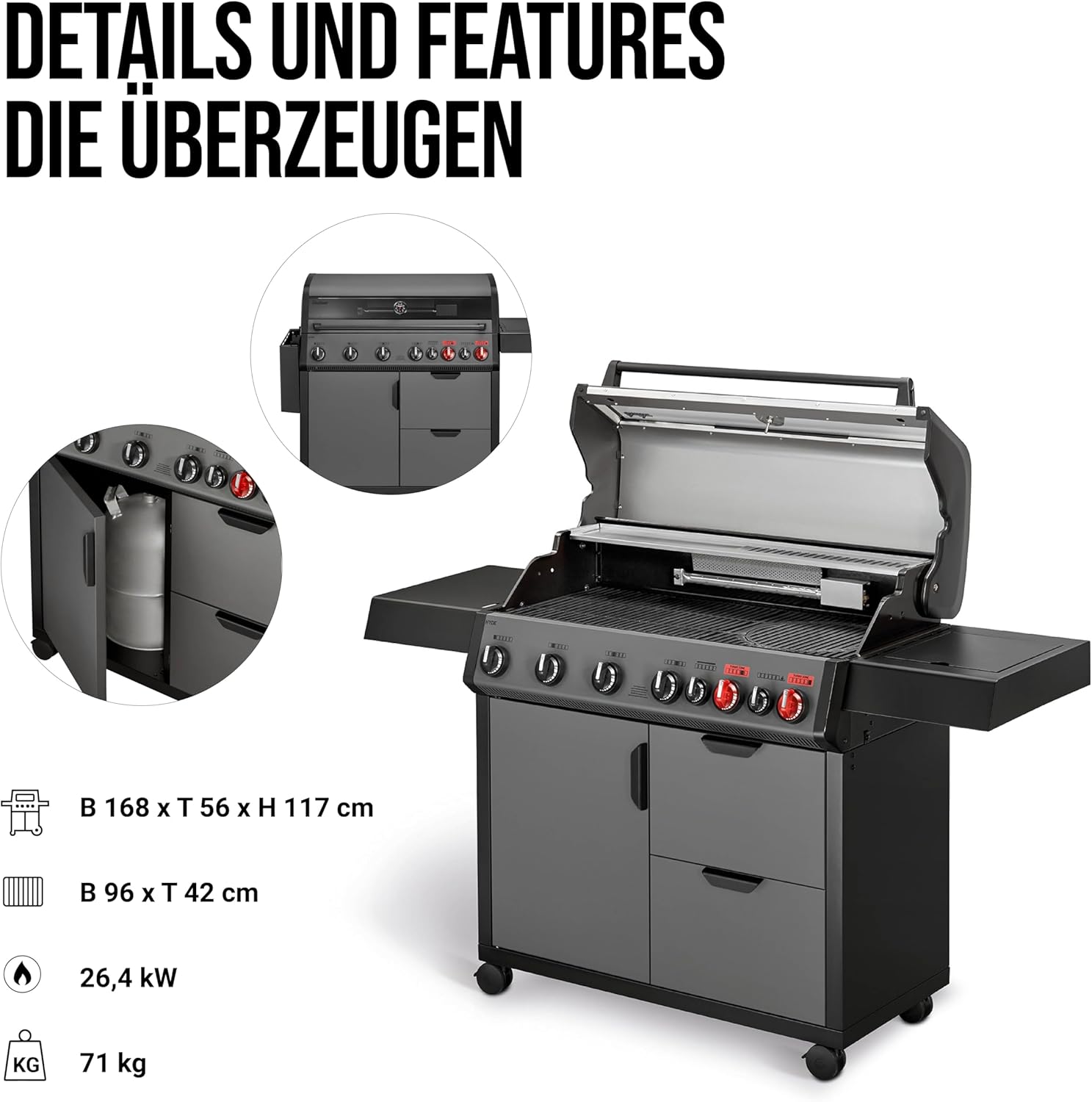 Enders Gasgrill Hyde 6 SIKR Turbo, 6-Brenner aus Edelstahl für kraftvolles direktes und indirektes Grillen, 800 °C TURBO ZONE, SWITCH GRID, Infarot-Backburner und Seitenkocher #8044