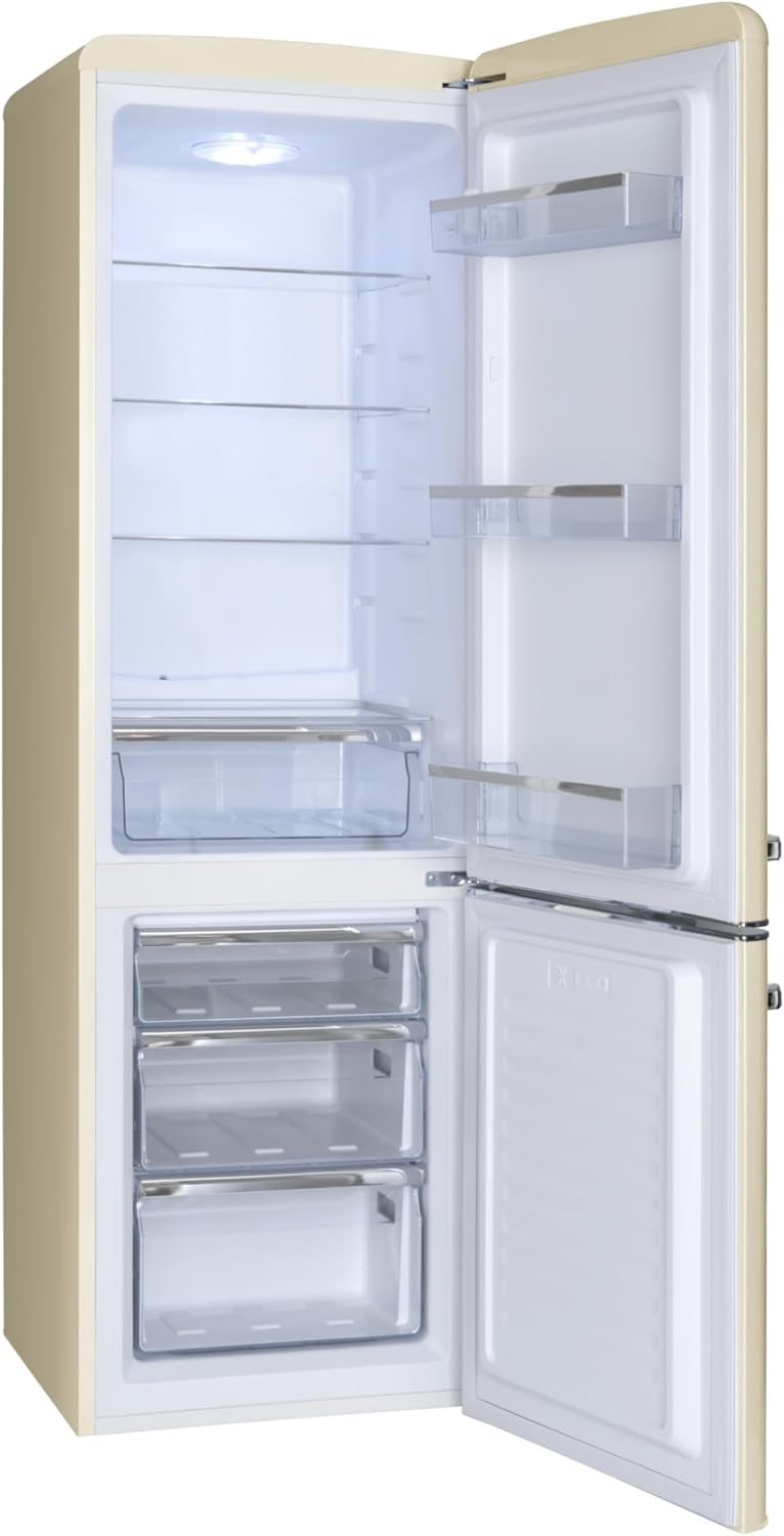 Amica Retro Kühlschrank freistehend mit Gefrierfach 244 l LED Beleuchtung Glasablagen Chrom Flaschengitter 181 x 55 x 62 cm Beige - Kühl Gefrierkombination
