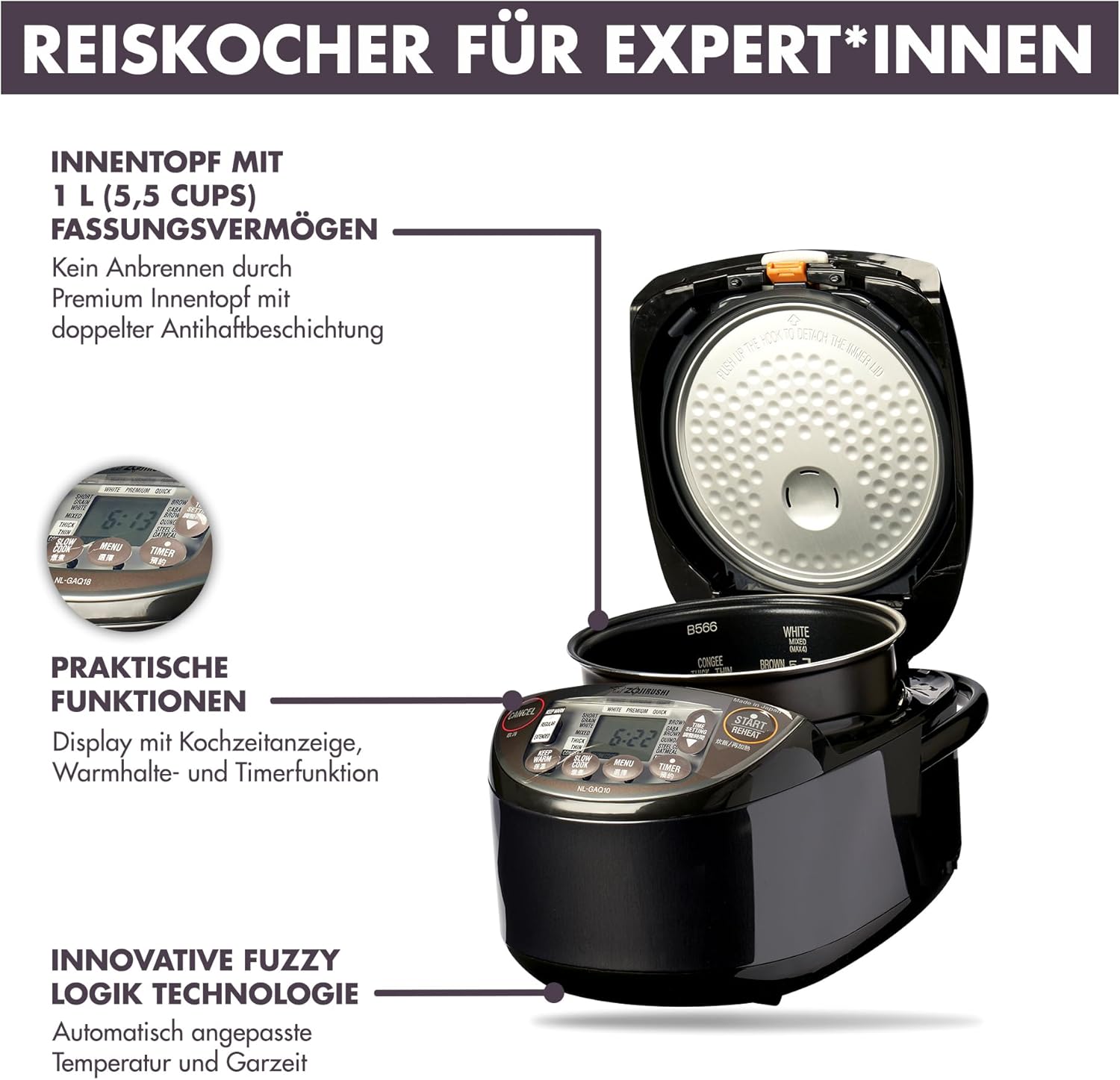 ZOJIRUSHI Premium Reiskocher NL-GAQ10 – 1,0 Liter – mit Warmhaltefunktion – inkl. Messbecher, Reislöffel und Dämpfeinsatz - Mit europäischem Netzkabel