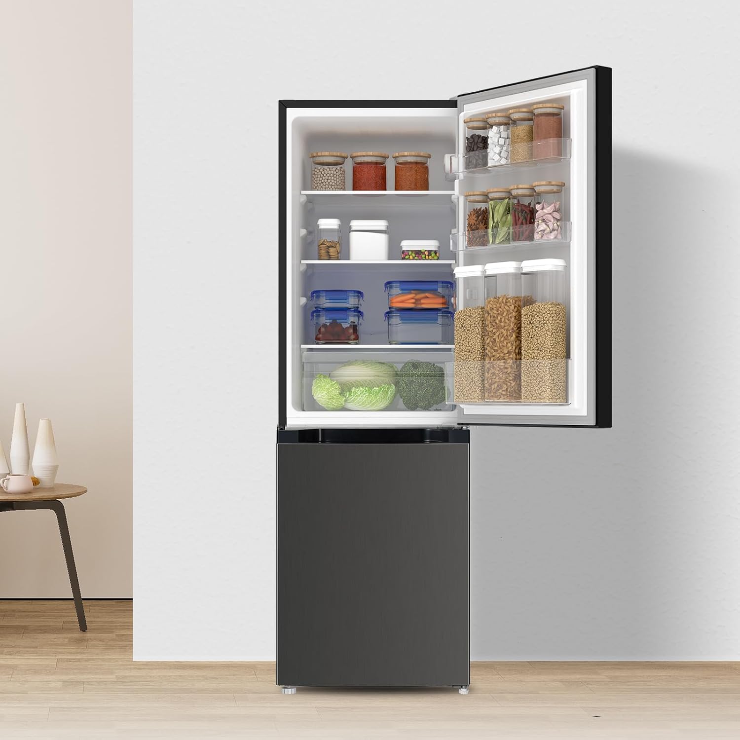 CHIQ CTT107BC Kühlschrank Klein 107 Liter, Höhe 84cm, Tiefe 55cm, Platzbedarf nur 0,3 ㎡, Mikro-Gefrierfach, Vario Box, 7 Temperaturregelstufen, geräuscharm, 87 kWh/Jahr, Schwarz