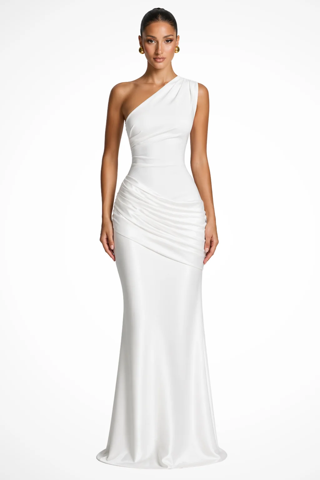 Damen Satin Maxikleid mit One-Shoulder Design | Elegantes Abendkleid mit Raffungen f��r Hochzeitsg?ste | Festliches Kleid