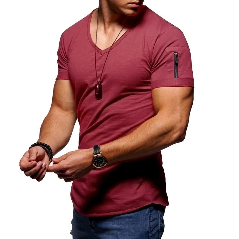 Herren V-Ausschnitt T-Shirt im Muscle Fit | Atmungsaktives Sportshirt mit Seiten-Rei?verschluss f��r Fitness und den Alltag