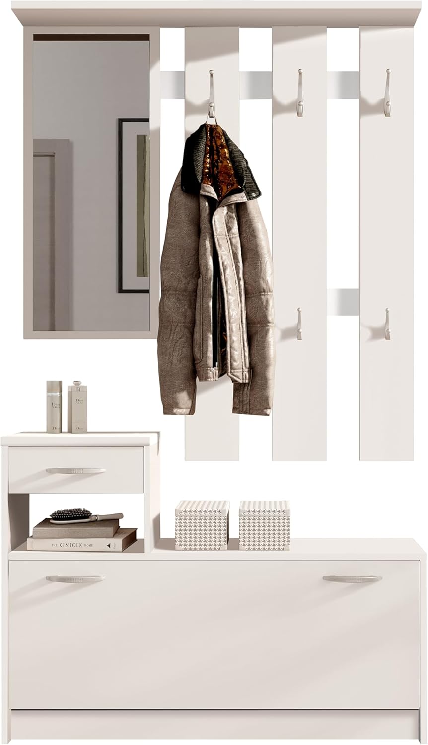 Vera Garderobe mit Spiegel weiß matt - Kompaktgarderobe, Dielenschrank, Flurschrank - 100 x 190 x 26 cm (B/H/T)
