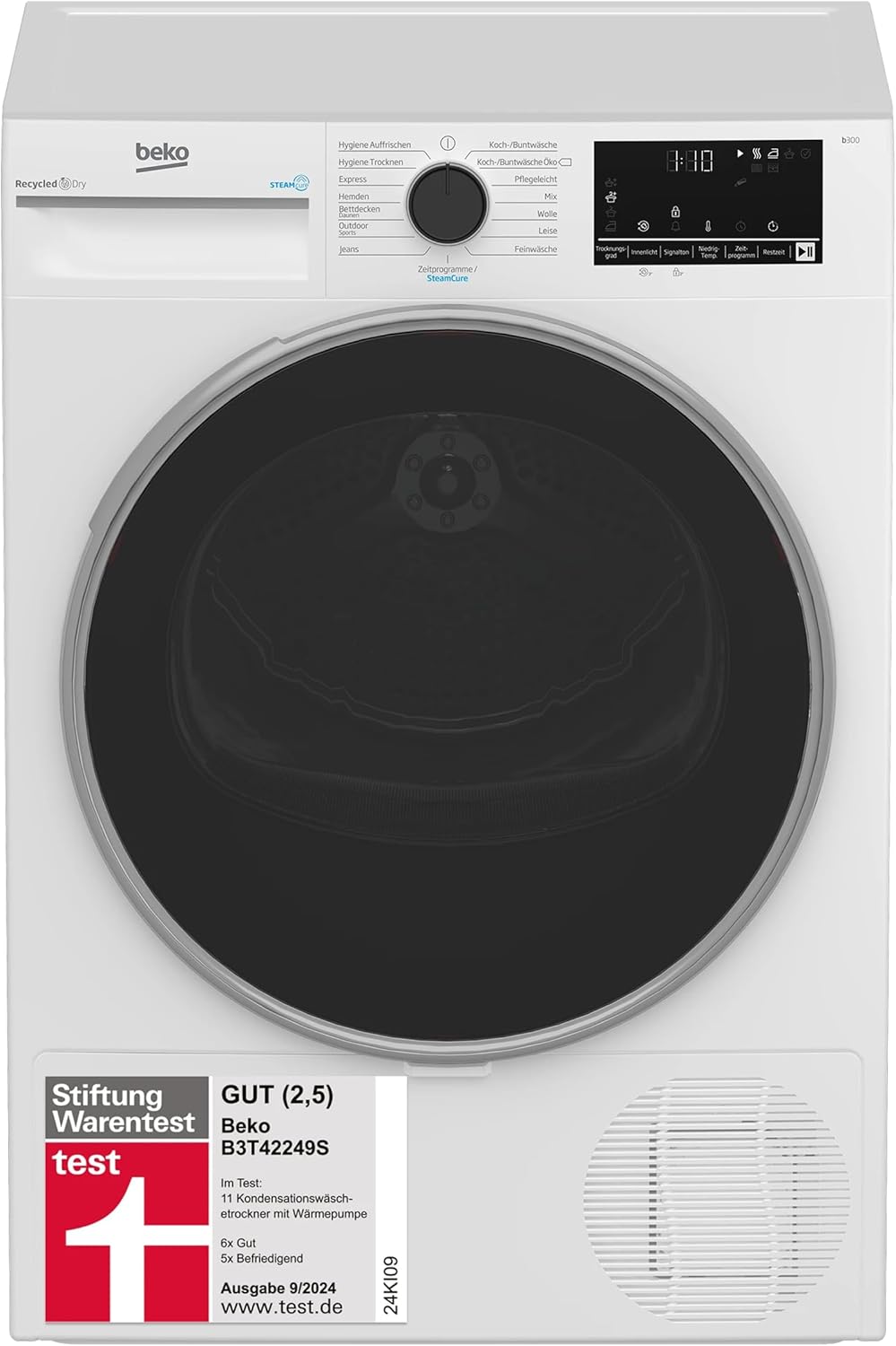 Beko Wäschetrockner 8kg, Stiftung Warentest GUT (2,5) , allergikergeeignet, Hygiene Trocknen, SteamCure Dampffunktion, 15 Programme, Express, B3T42249S, Weiß