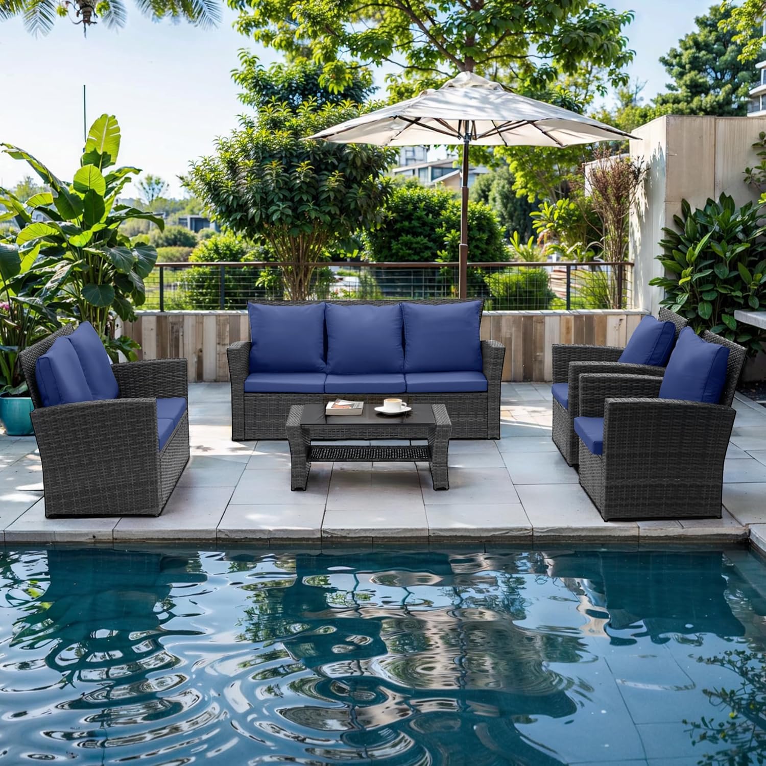 Wisteria Lane 4 Piece Outdoor Patio Furniture Sets, Wicker Conversation Set for Porch Deck, Grey Rattan Sofa Chair with Cushion ��Blue