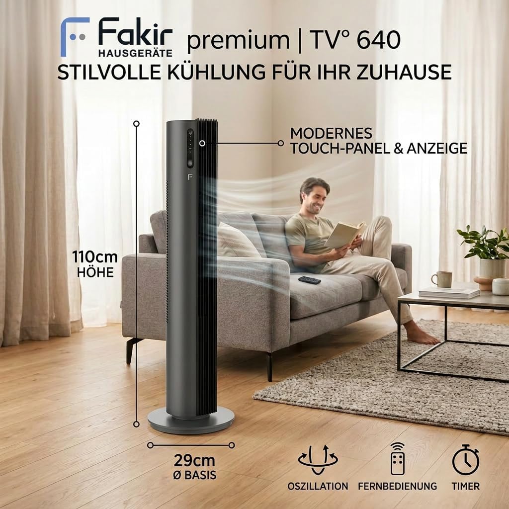 Fakir premium TV° 640 Turmventilator - Leiser Lüfter mit 32dB(A), DC-Motor, 12 Stufen, 12h Timer, LED-Display, Fernbedienung & 90° Oszillation, Luftreinigung, 450m³/h, 110cm Höhe, Farbe: Anthrazit