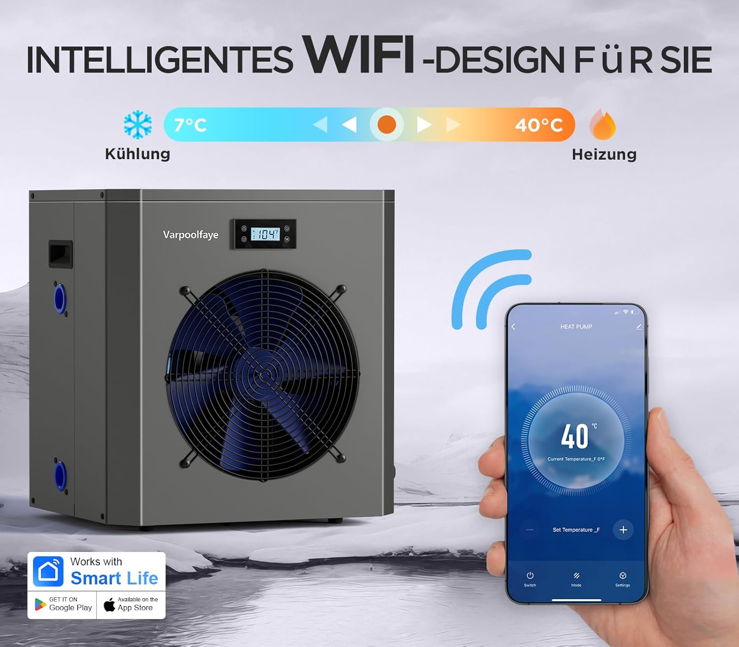 5KW Elektrische Pool Wärmepumpe Für Aufstellpool Poolheizung Wärmepumpe Schwimmbad Bis 20.000 l 20 m³ WiFi Steuerung 220v 240v 50Hz