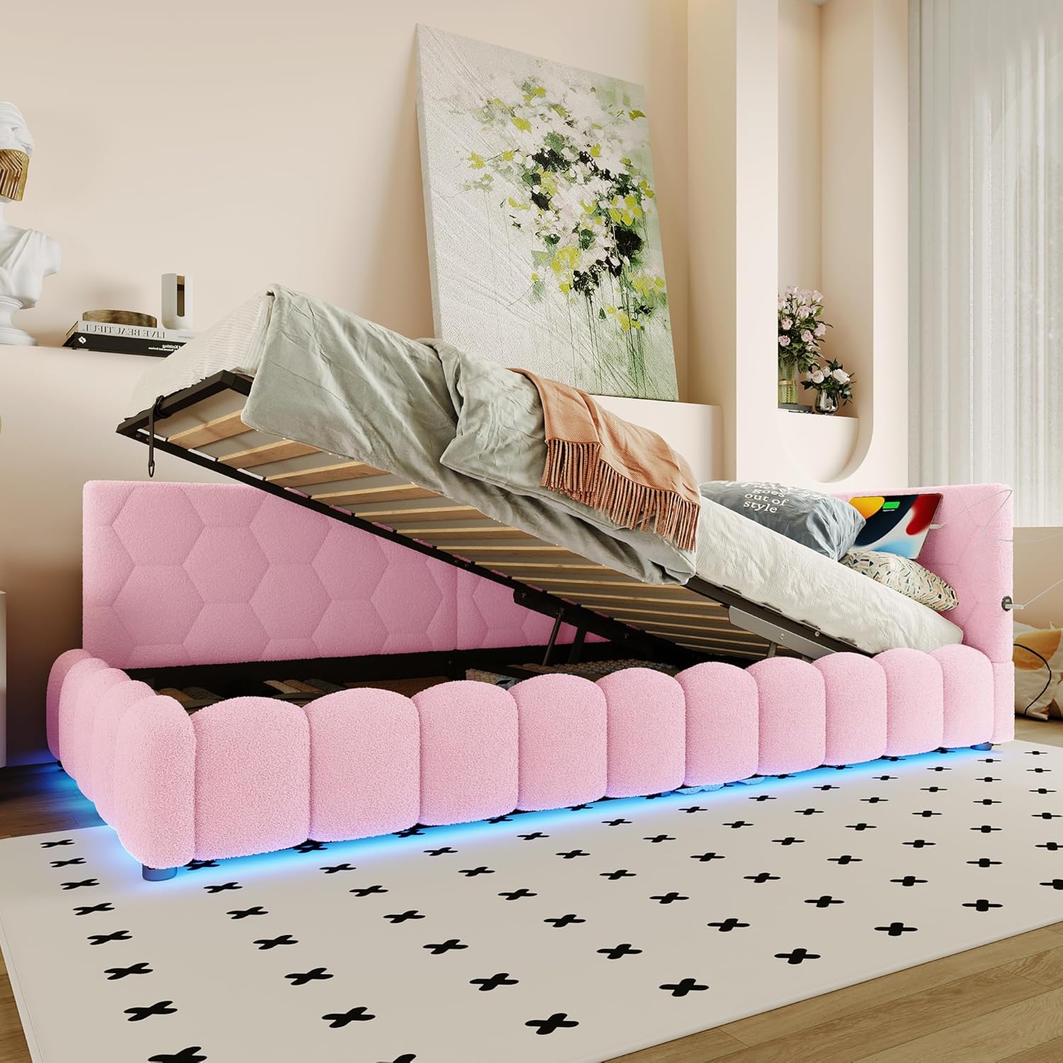 Schlafsofa Polsterbett 90x200 cm, Tagesbett mit USB-Anschluss und -Typ-C, Daybett mit 16 Farben Umgebungslicht, Sofabett mit Hydraulischer Stauraum, Lattenrost, Vliesimitat, Ohne Matratze, Rosa