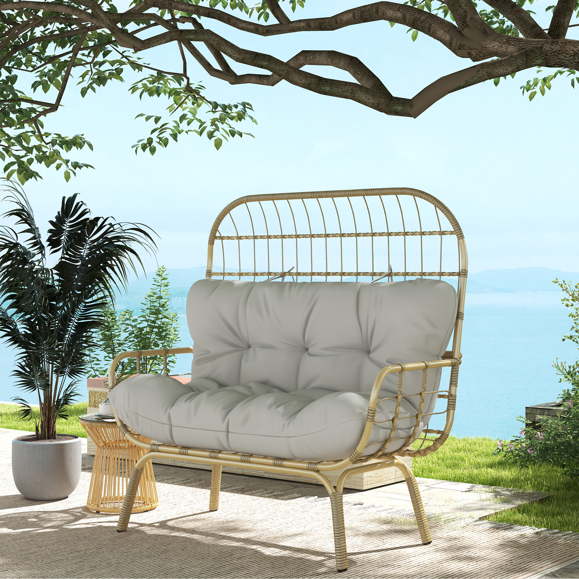 Rieten Tuinstoel, Weerbestendig, 126 cm x 72 cm x 126 cm, Natuur + Grijs