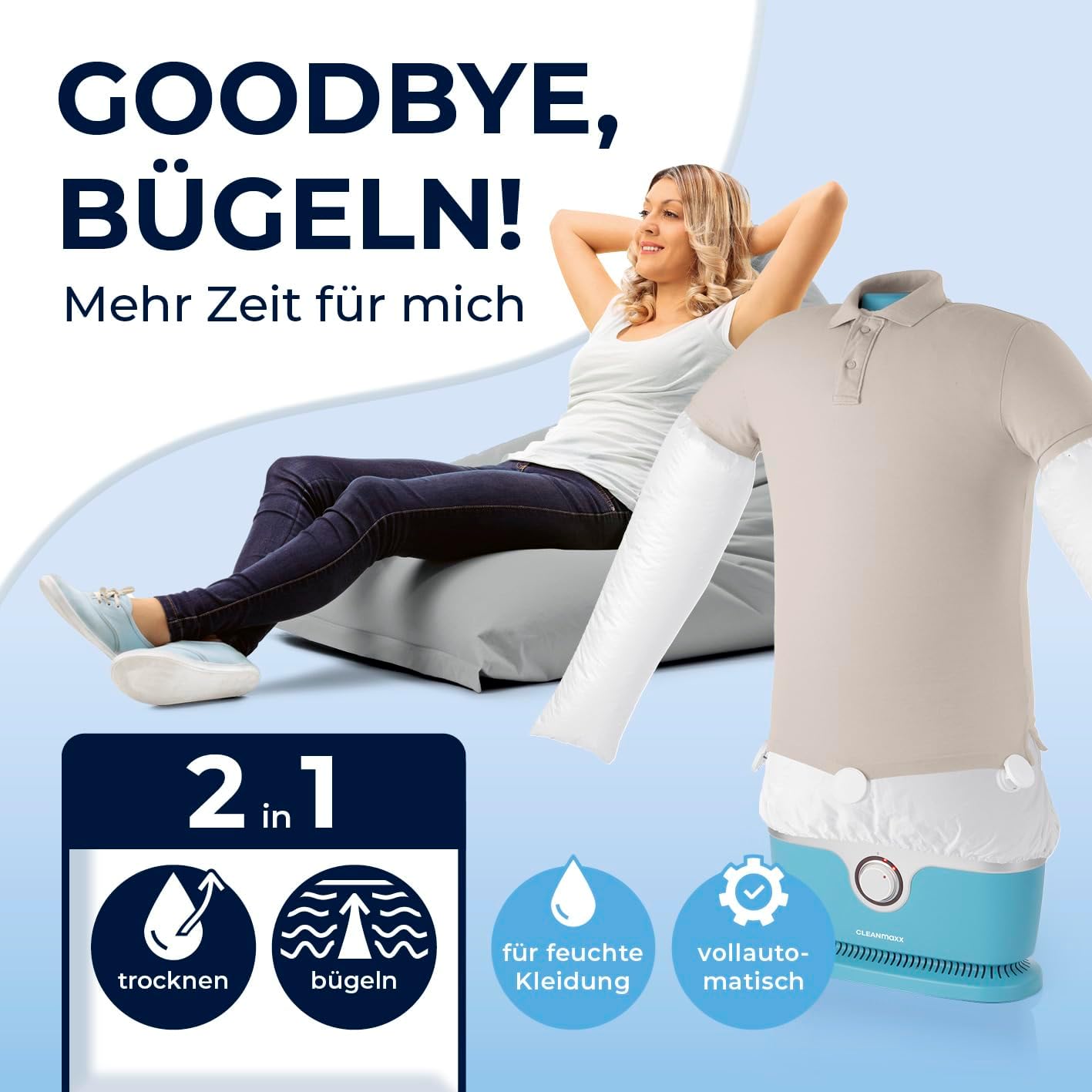 CLEANmaxx Automatischer Hemden-Bügler zum Trocknen und Gltten von Hemden & Blusen inklusive Aufsatz für Hosen | Die innovative und schonende Art, Ihre Wsche zu gltten