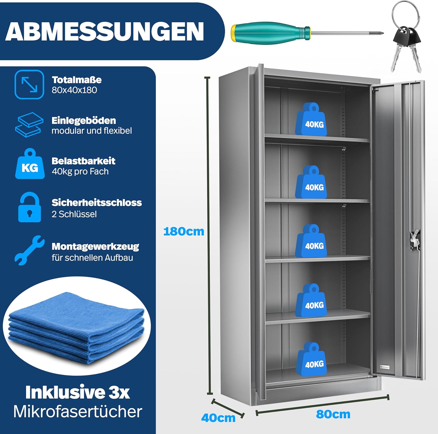KESSER® Aktenschrank abschließbar mit Flügeltüren 180x80x40cm | Büroschrank aus Stahl mit 4 höhenverstellbaren Einlegeböden | Mehrzweckschrank 5 flexible Fächer, max. 40 kg pro Fach, inkl. 2 Schlüssel