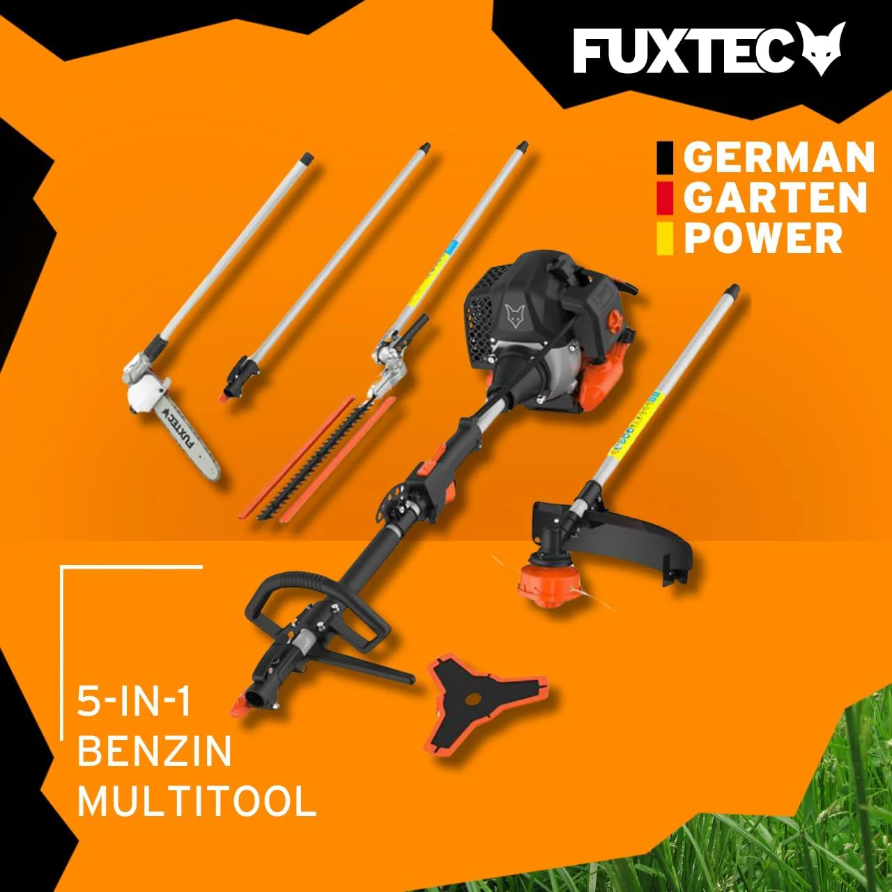 FUXTEC Benzine Bosmaaier FX-MT252ER 5in1 Multitool, 52 cc, draagriem incl. 1m verlenging 3 pk combiapparaat heggenschaar met verstelbare hoge takkenzaag combisysteem bosmaaier 2-takt