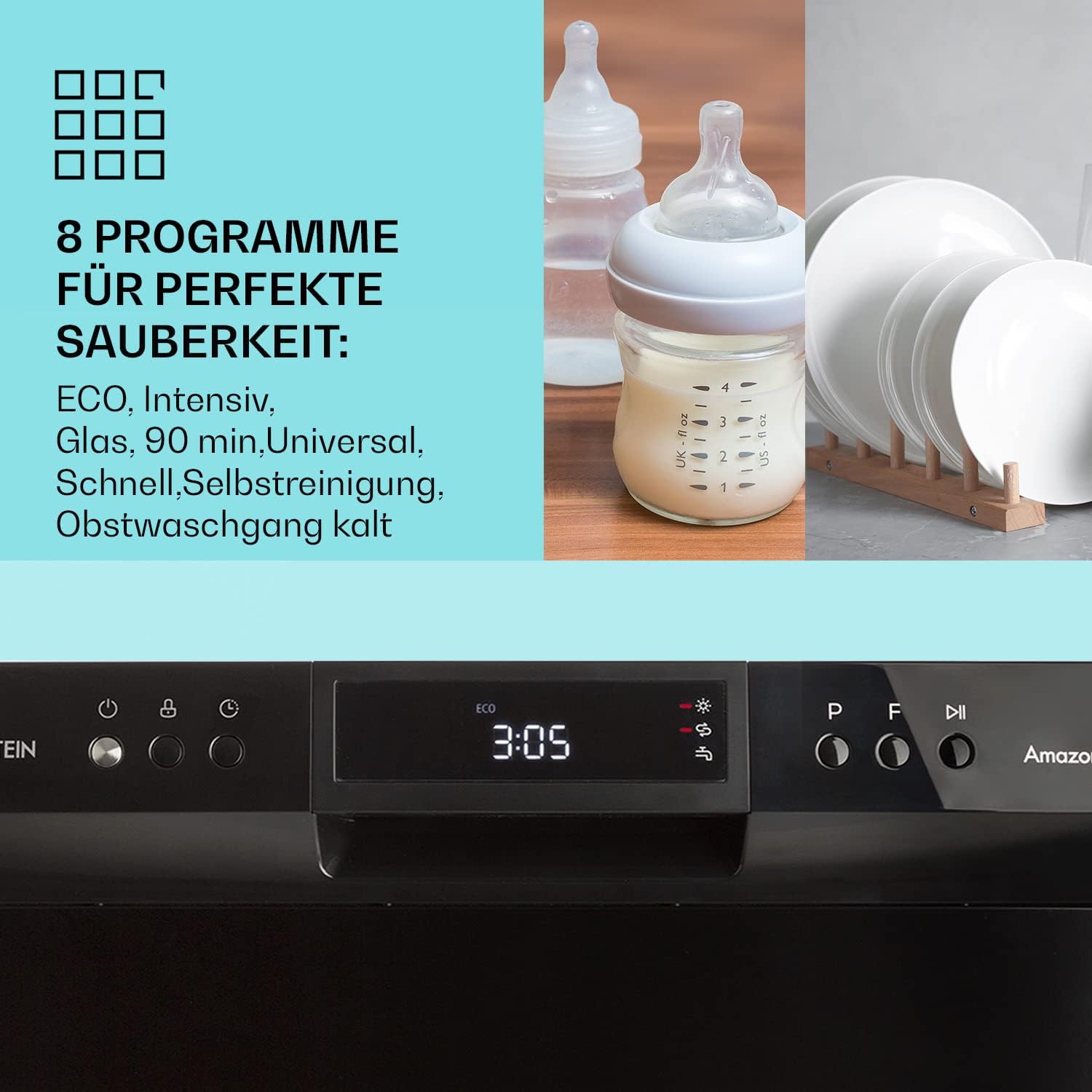 Klarstein  ia 8 - Spülmaschine, Geschirrspüler, Freistehend, Teilintegriert, F, 55 cm breit, 8 Maßgedecke, 6 Programme, Aquastop, silber