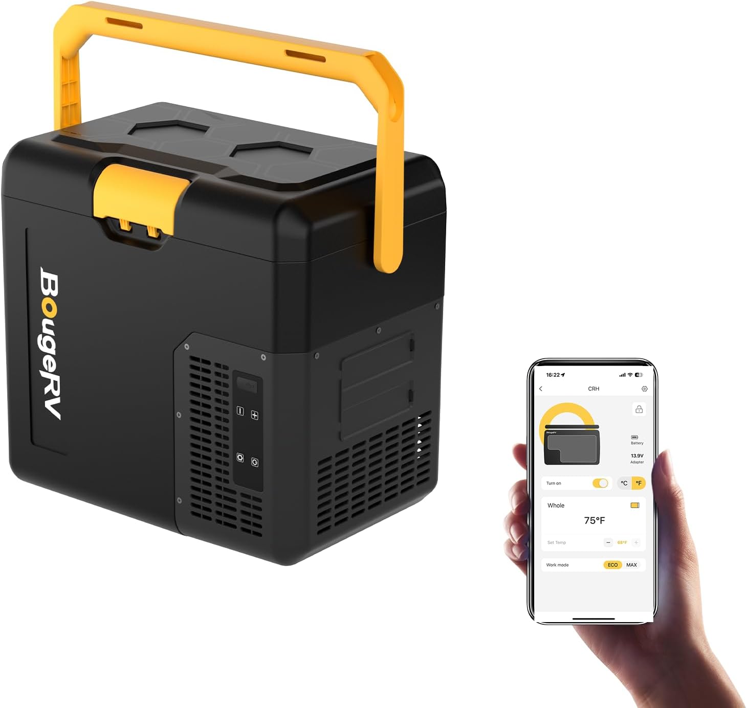 BougeRV CRH Kompressor Kühlbox Klein 18L mit Griff, Auto Kühlbox Tragbar 12V/24V 230V Auto Kühlschrank Elektrisch Mini mit Akkufach App-Steuerung Gefrierfach für Camping Reisen Boot Angeln -20°C~20°C