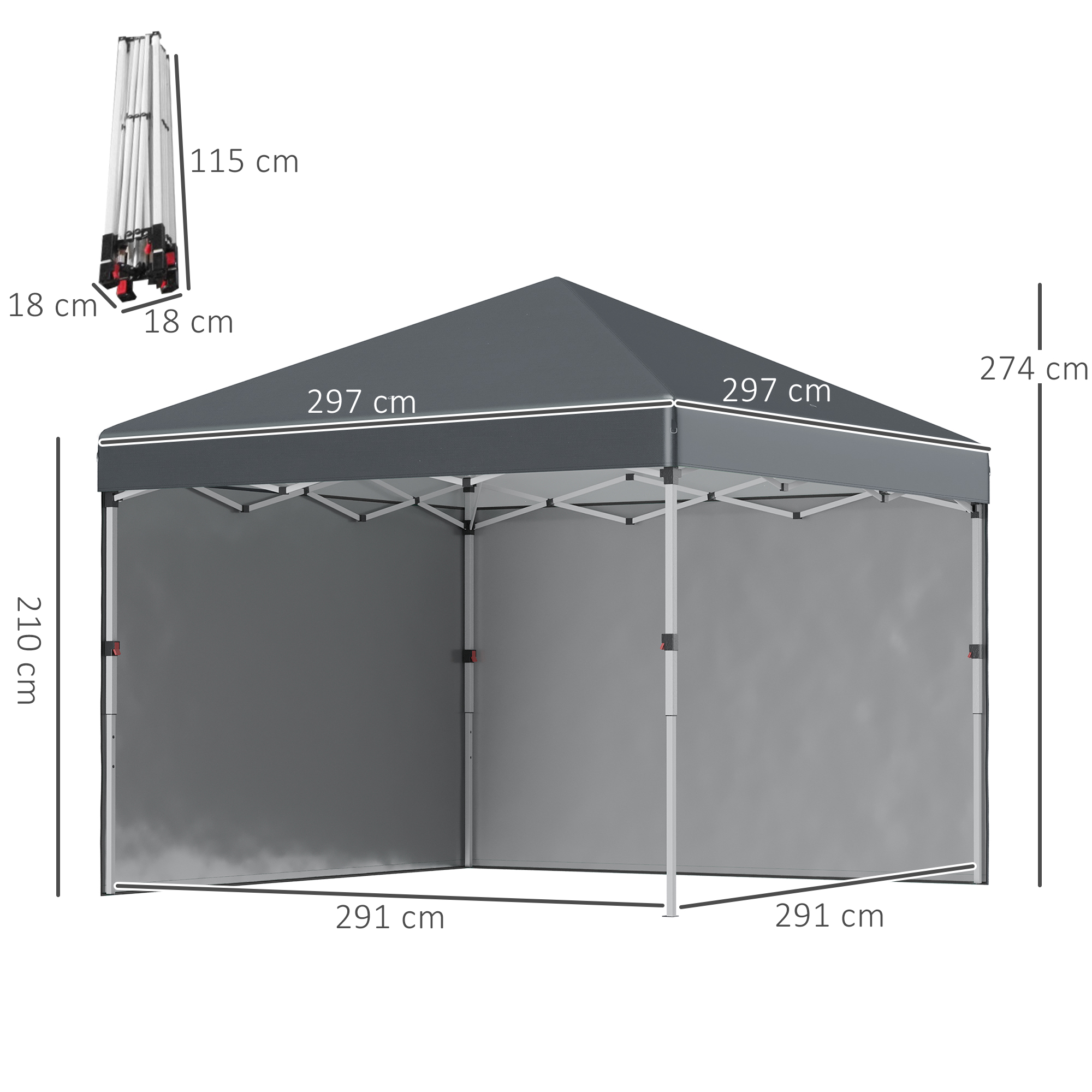 Opvouwbare paviljoen met 2 zijwanden, verstelbare hoogte, inclusief draagtas, roestvrij stalen frame, 3x3 m, Donkergrijs