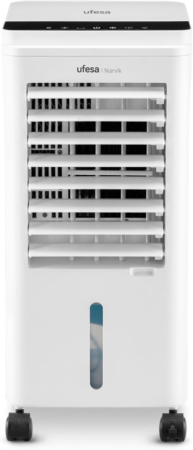 Ufesa Narvik Verdunstungskühler, 65W, Kühlfunktion und Ventilator, 3 Geschwindigkeiten, 3 Modi, Touchpanel, 5L Wassertank, 12h Timer, Waschbarer Filter, 2 Kühlakkus, Fernbedienung