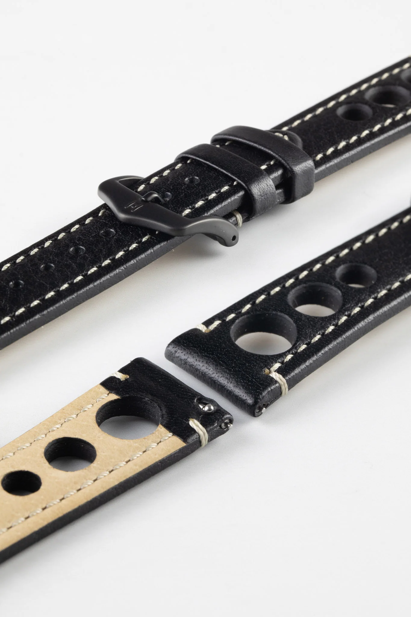 Hirsch RALLY Natural Leather Racing Watch Strap in BLACK & WHITE