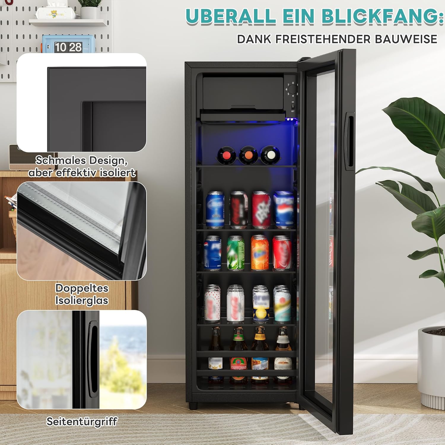 Merax Kühlschrank 128L, Freistehend Getränkekühler mit 120L-Kühlschrank + 8L-Gefrierschrank, mit LED-Innenbeleuchtung und Verstellbare Einlegeböden, Superleise für Restaurant, Bar, Getränke und Bier