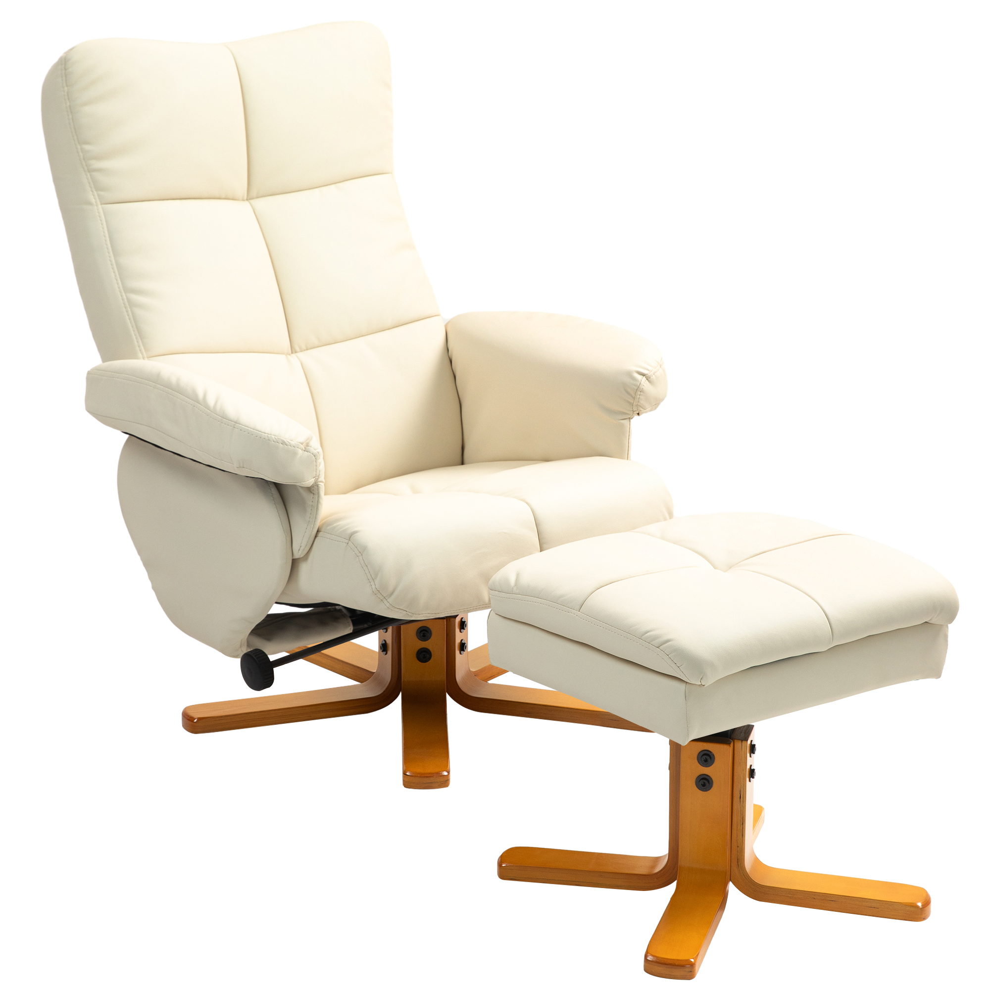 Relaxfauteuil met Hocker, 145�� Kantelbare Rugleuning, 360�� Draaibaar, Kunstleer, Cr��mewit
