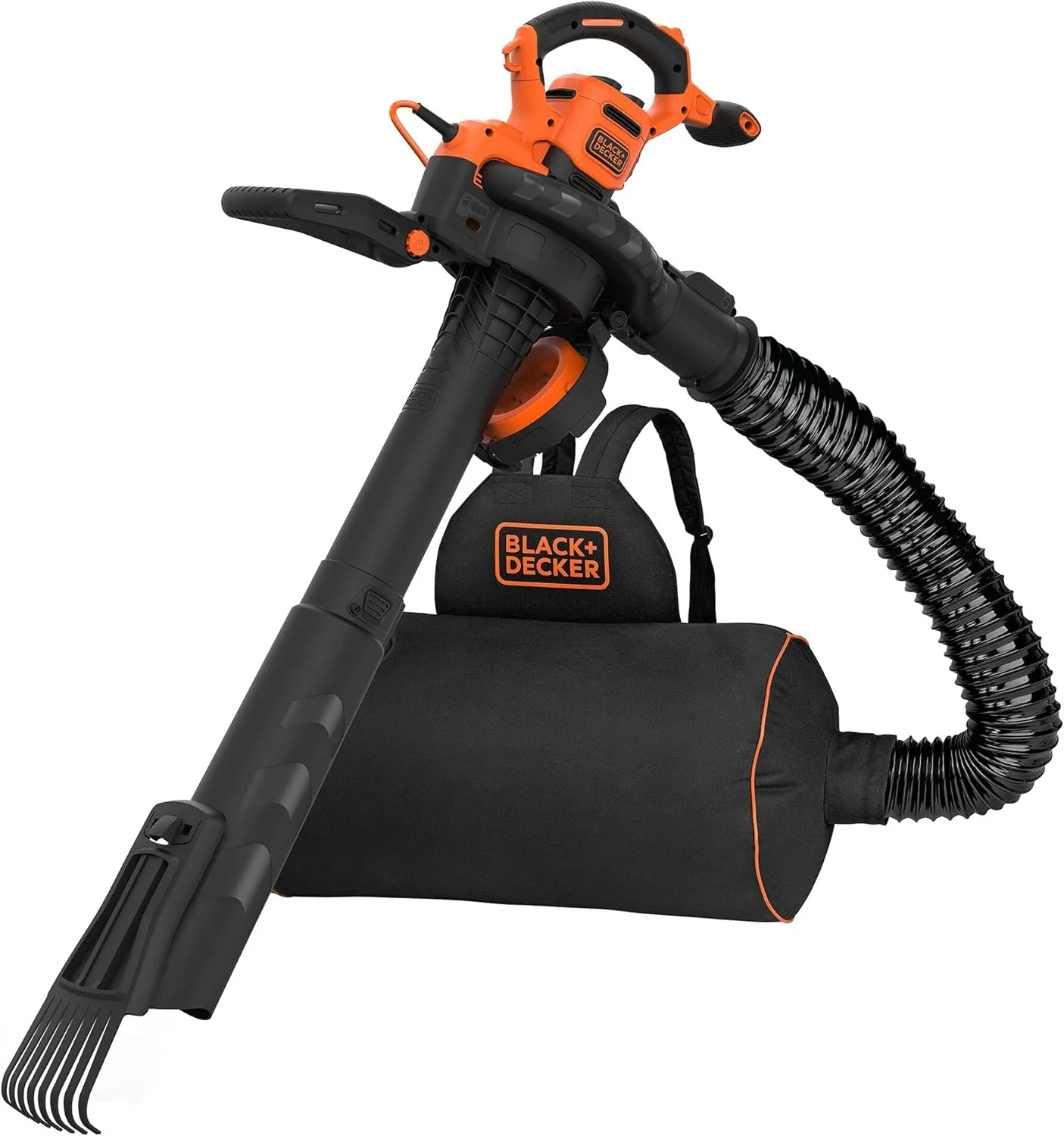 Black+Decker 3-in-1 elektrische bladzuiger/-blazer BEBLV301 (3.000 watt, met hakselfunctie + opzetbare bladhark, 72l opvangzak-rugzak - hoge blaassnelheid & instelbare zuigkracht)