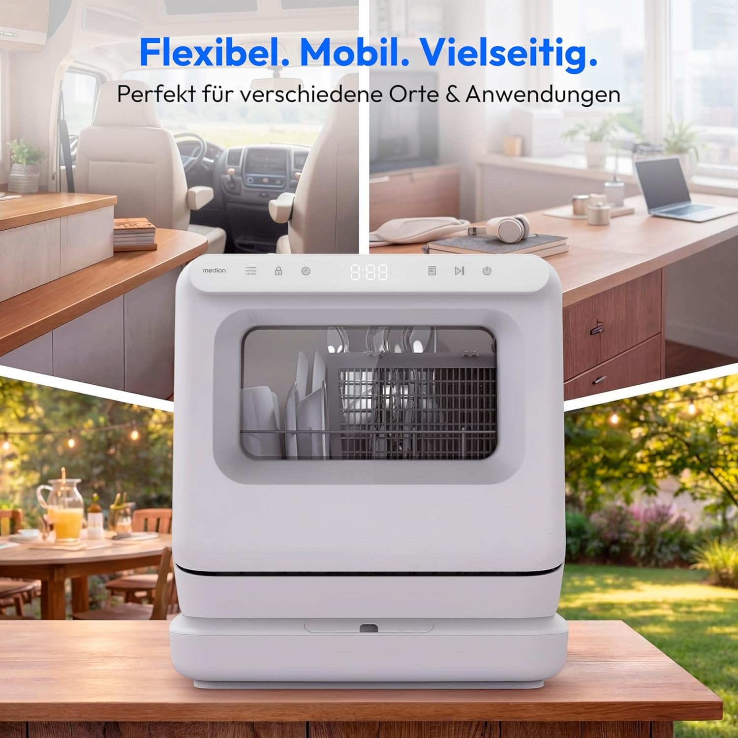 MEDION Mini Geschirrspüler DWT30, 3 Maßgedecke, Tischgeschirrspüler, funktioniert mit/ohne Wasseranschluss, 6 Programme, UV-Licht, Lüfter-Trocknung, Touch-Display, freistehend, MD370022