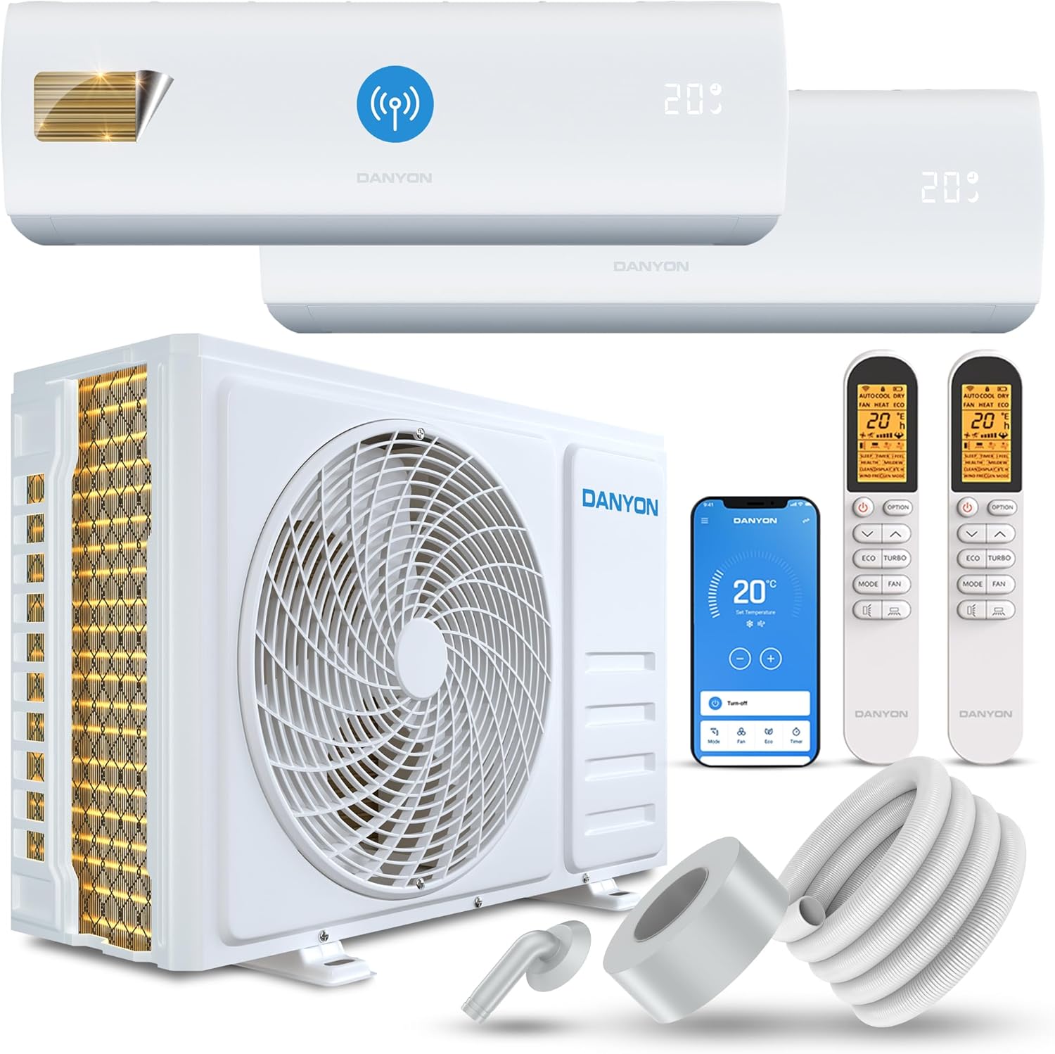 Danyon Multisplit Klimaanlage 2 Innengeräte - 18000 BTU - 5,2 kW, sehr leise & energiesparend, Smart Home, Inverter Klimagerät mit Heizfunktion, WiFi und App, Splitgerät vorgefüllt mit R32 Kältemittel